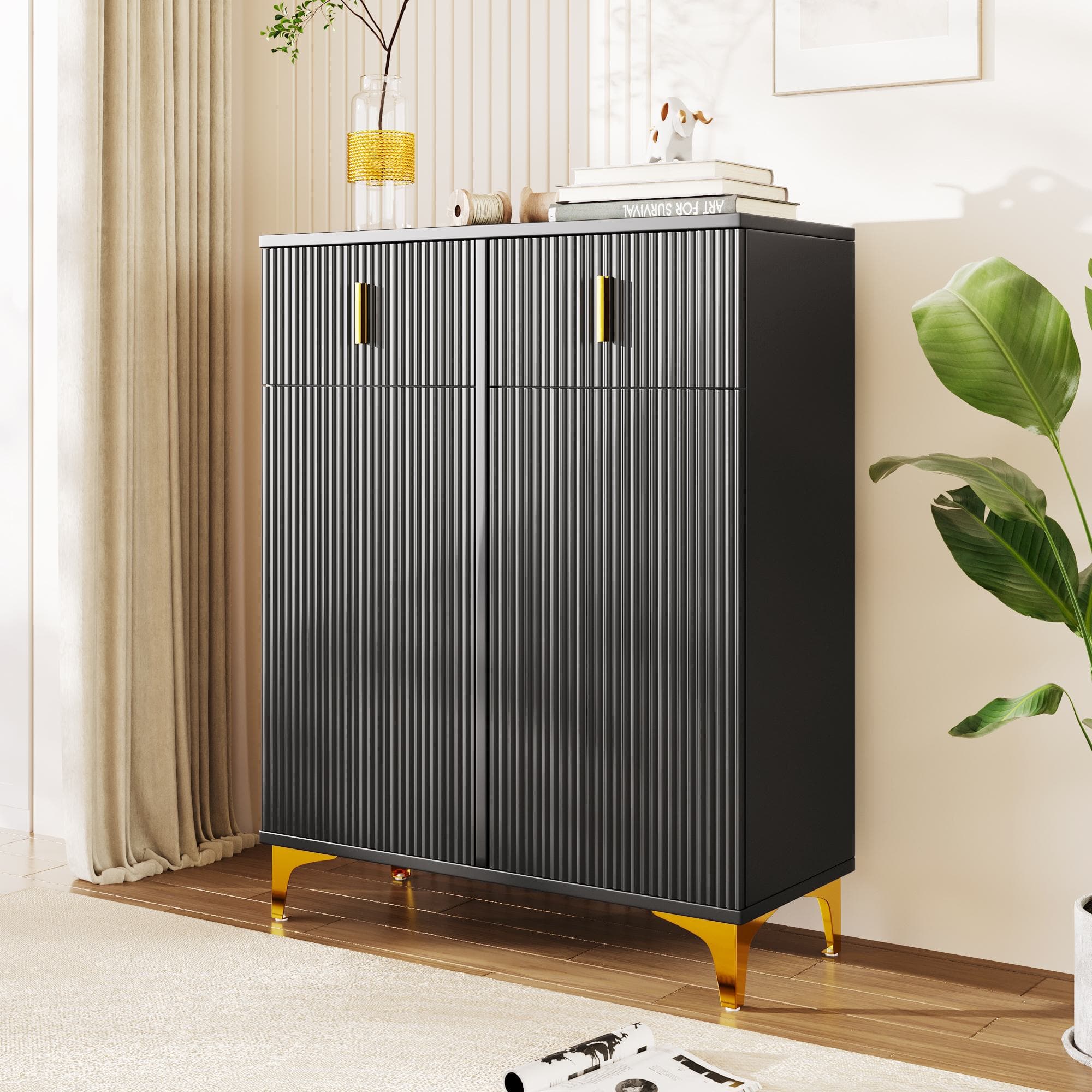 Modern Shoe Cabinet Sideboard with Adjustable Shelves, Gold Details, Push-to-Open Doors, Slim Hallway Storage, 83x35x101 cm, Black | Aosom UK