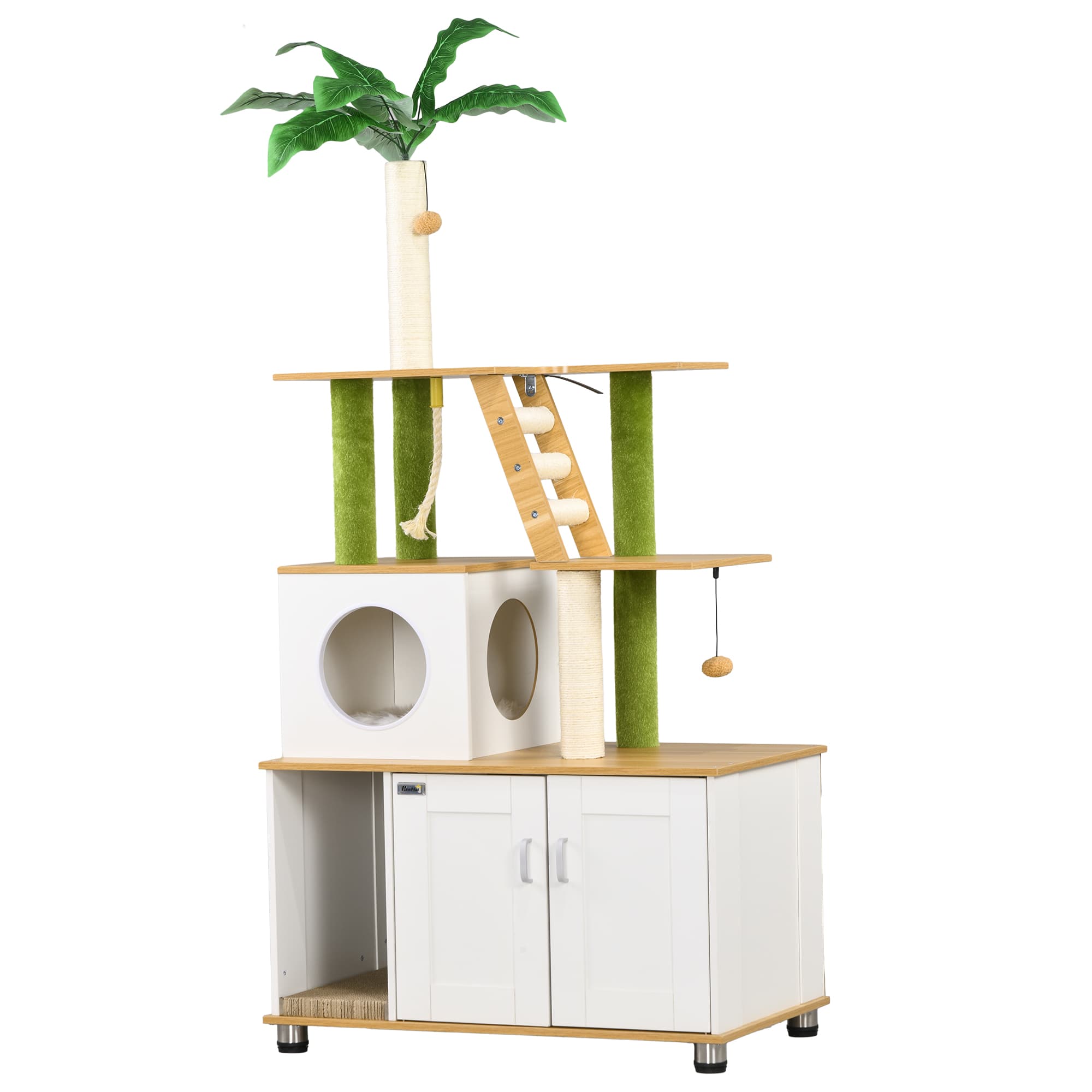 PawHut Cat Tree w/ Hidden Litter Box Enclosure, 2 in 1 Green Leaf Cat Tower Litter Box Furniture w/ House, Ladder, Scratching Posts | Aosom UK