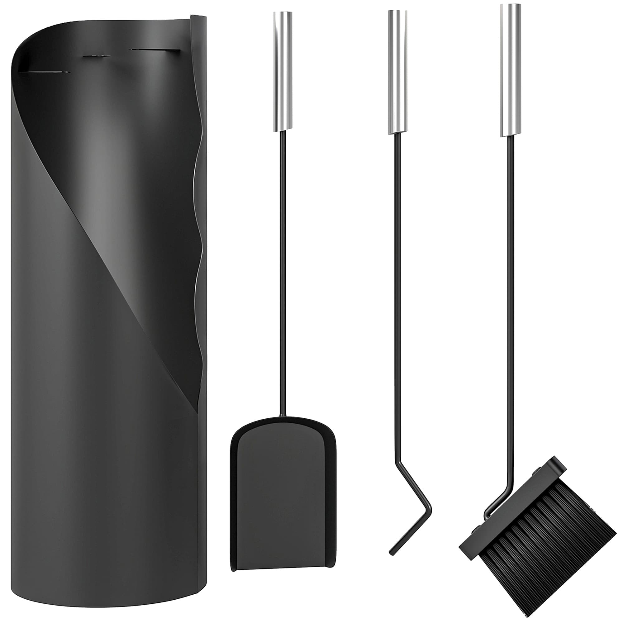 Outsunny 4 Pieces Fireplace Companion Set, Metal Fireplace Accessories Fireside Companion Set with Broom, Shovel, Poker and Bucket, Silver