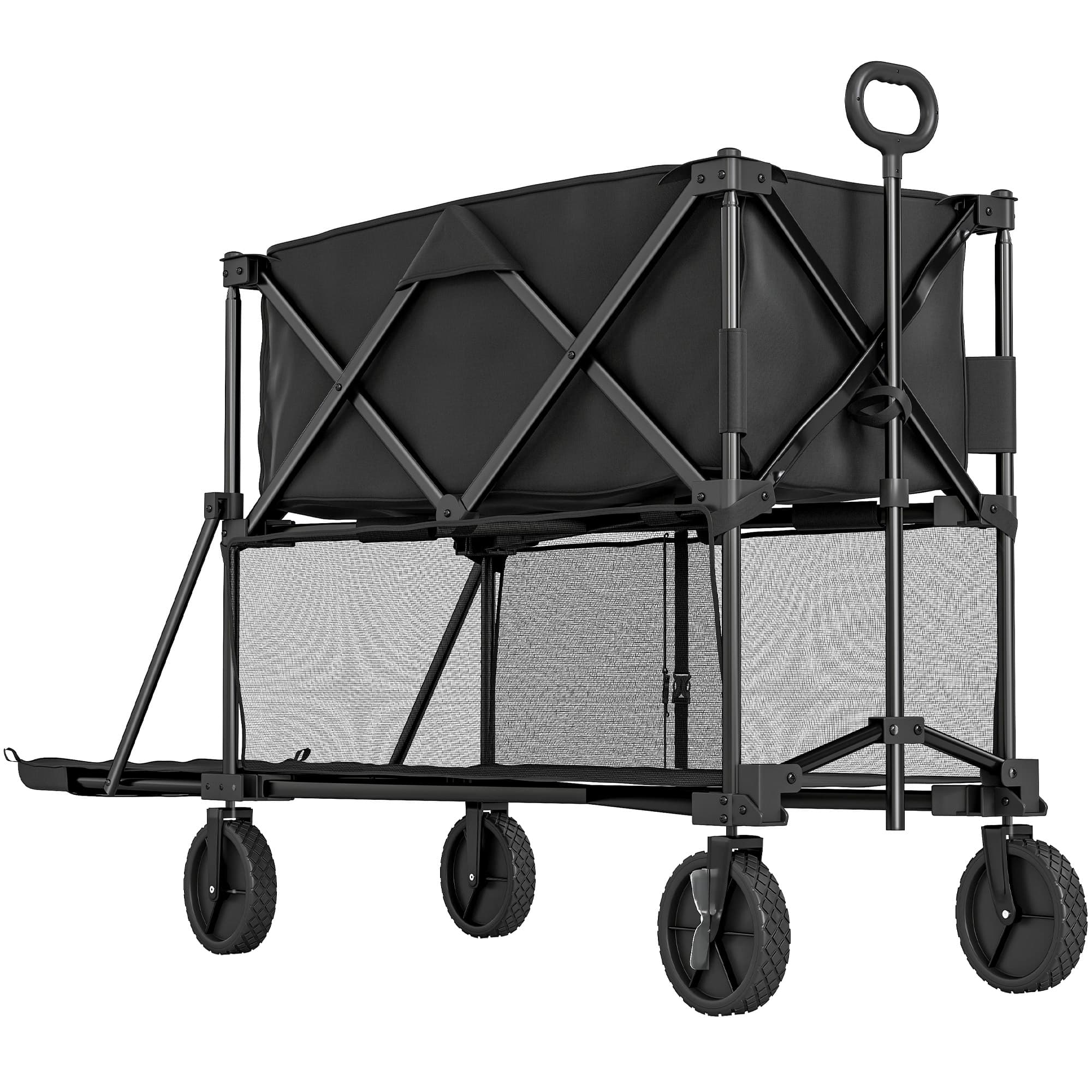 Outsunny Double Decker Folding Trolley on Wheels, 200KG & 350L Capacity Collapsible Wagon Festival Trolley Cart with 134cm Extended for Camping Sports Shopping Garden and Beach, Black