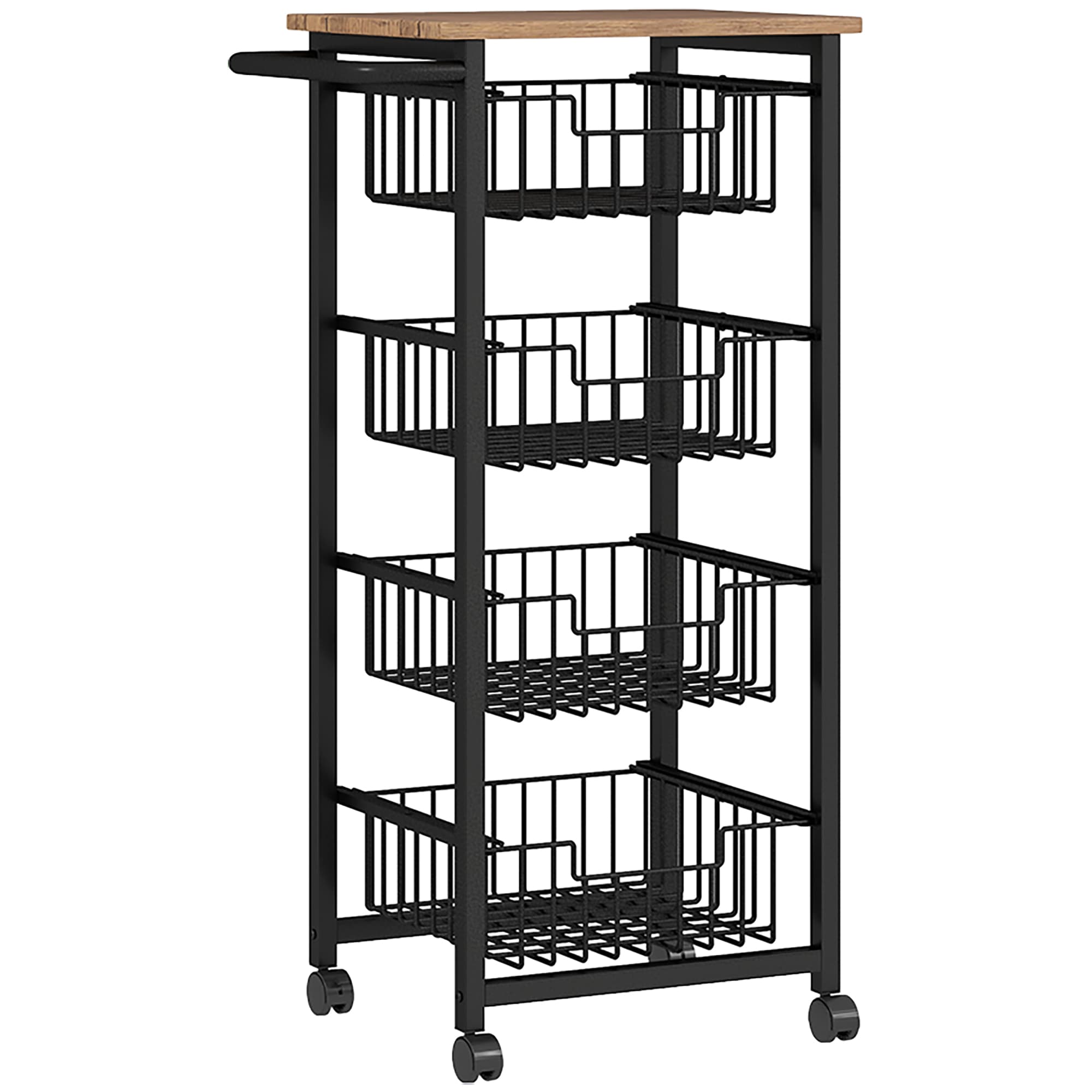 HOMCOM 4 Basket Mobile Kitchen Island with Brakes, Storage Cart with Oak/Black Finish for Kitchen | Aosom UK