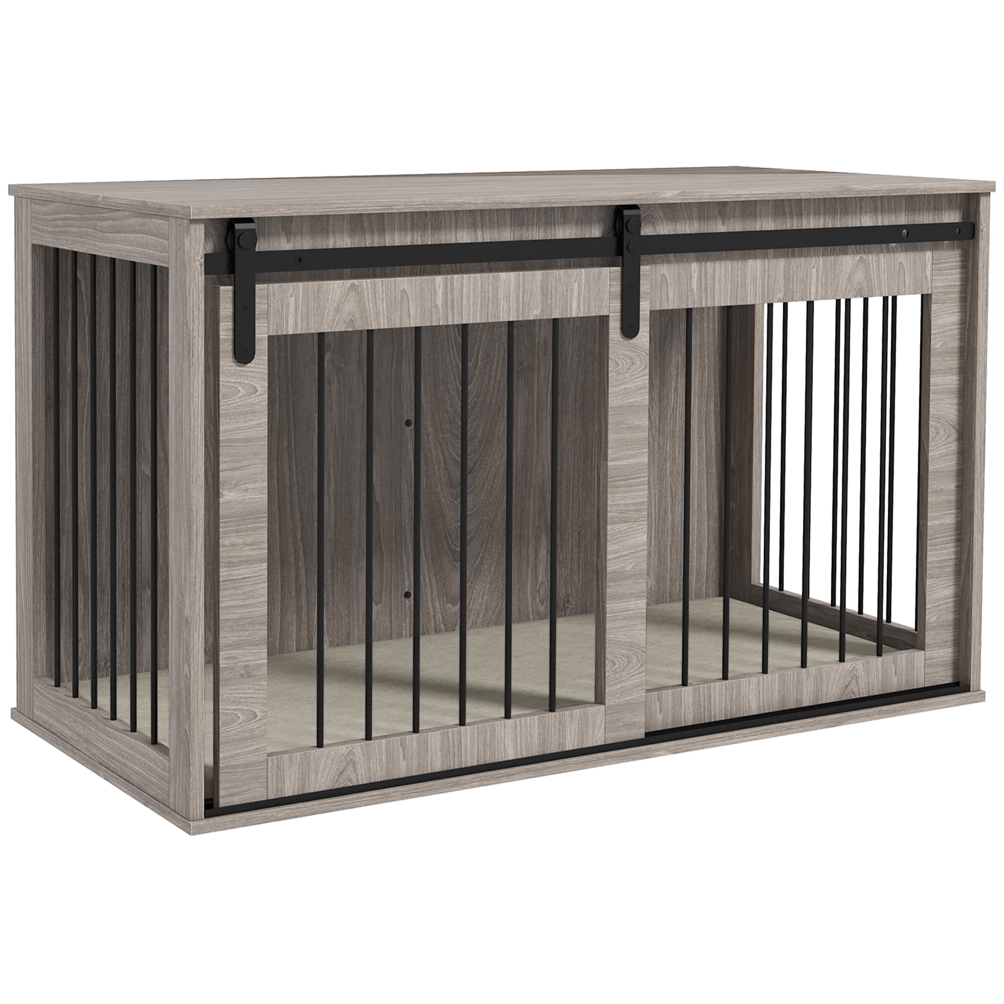 PawHut 46.46'' Dog Crate Furniture with Removable Cushion & Security Latch Reinforced Steel Dog Cage for Medium Dogs - Walnut Brown | Aosom UK