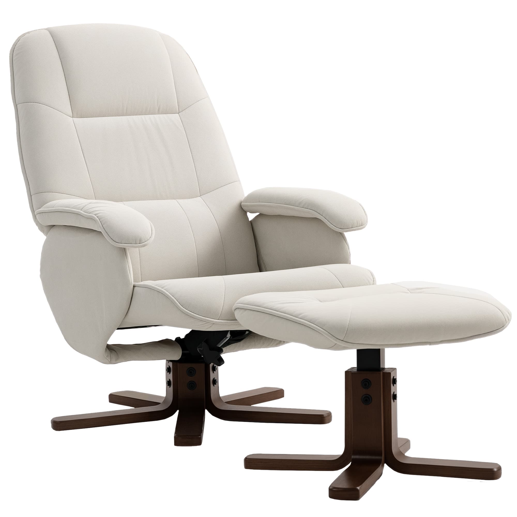 HOMCOM Reclining Swivel Chair with Footstool Linen Recliner Set Upholstered with Footstool Wooden Base Living Room, Beige | Aosom UK
