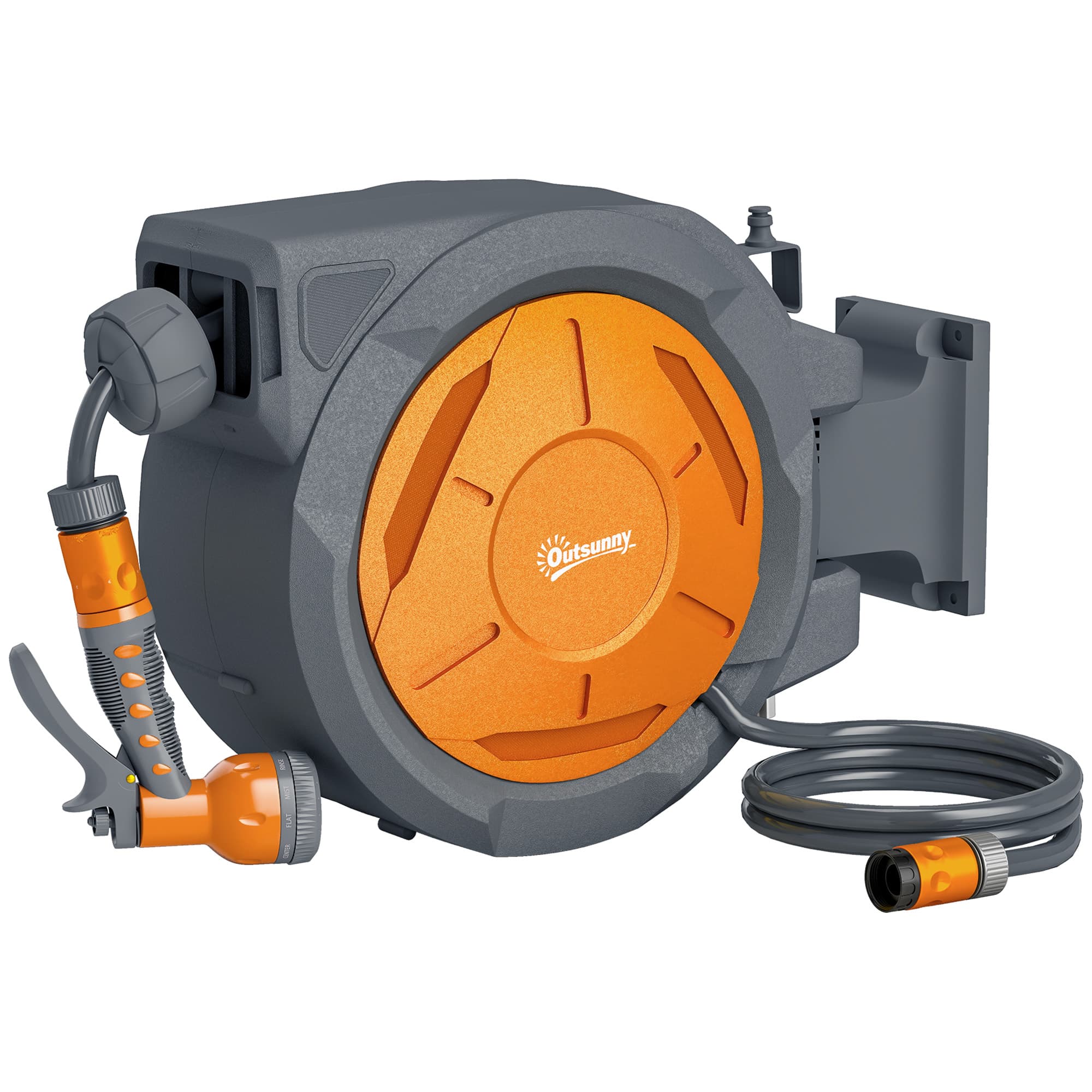 Outsunny Retractable Hose Reel Wall Mounted, 30+2m Garden Hose Pipe Reel with Lock, Auto Rewind, 7 in 1 Spray Nozzle, Includes Wall Fixings, 180° Swivel, Outdoor Watering, Orange