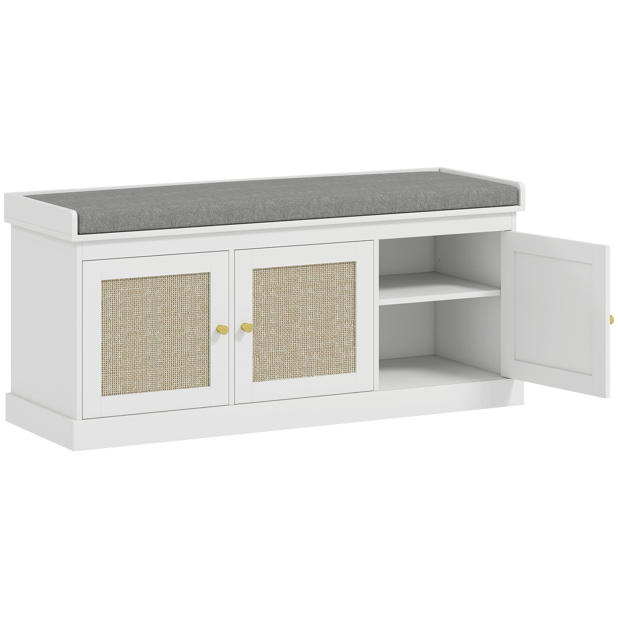 HOMCOM Shoe Storage Bench with Woven Rattan Doors, Seat - White