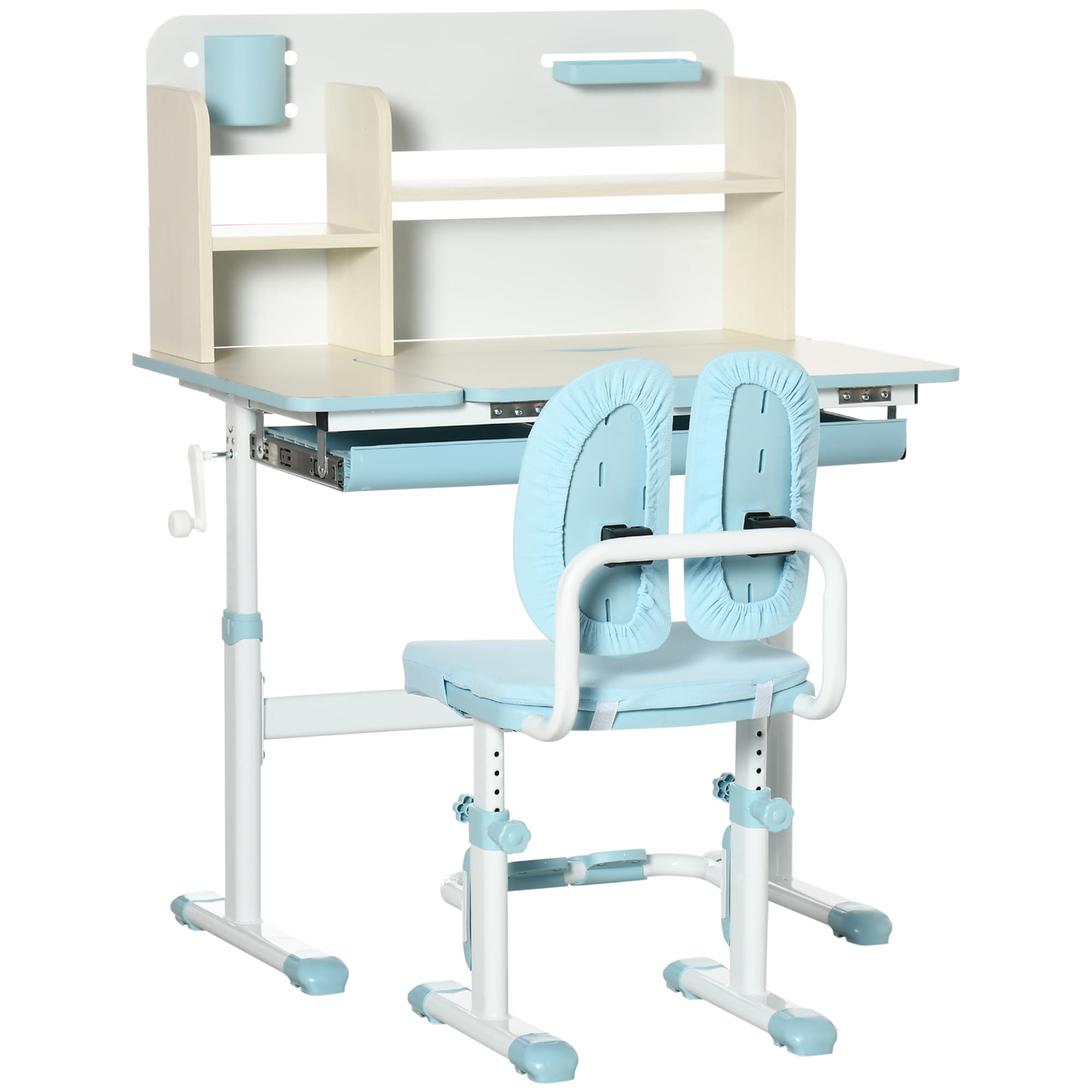 HOMCOM Kids Desk and Chair Set, Height Adjustable School Desk & Chair Set w/ Shelves, Washable Cover, Anti-Slip Mat, Kids Aged 3-12, Blue | Aosom UK