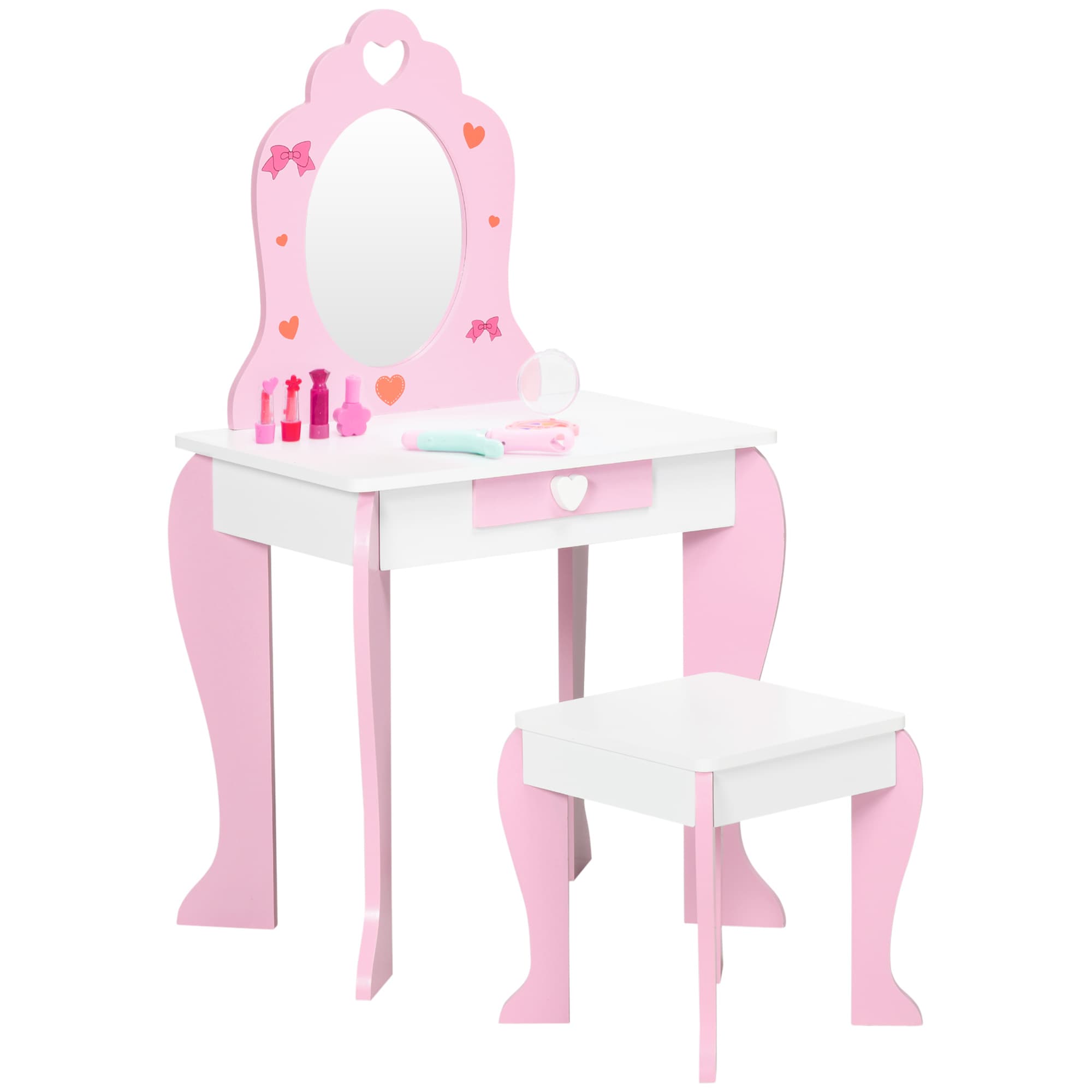 ZONEKIZ Pink Kids Vanity Set with Dressing Table, Mirror, Stool, Drawer, Cute Patterns, for 3-6 Years Old | Aosom UK