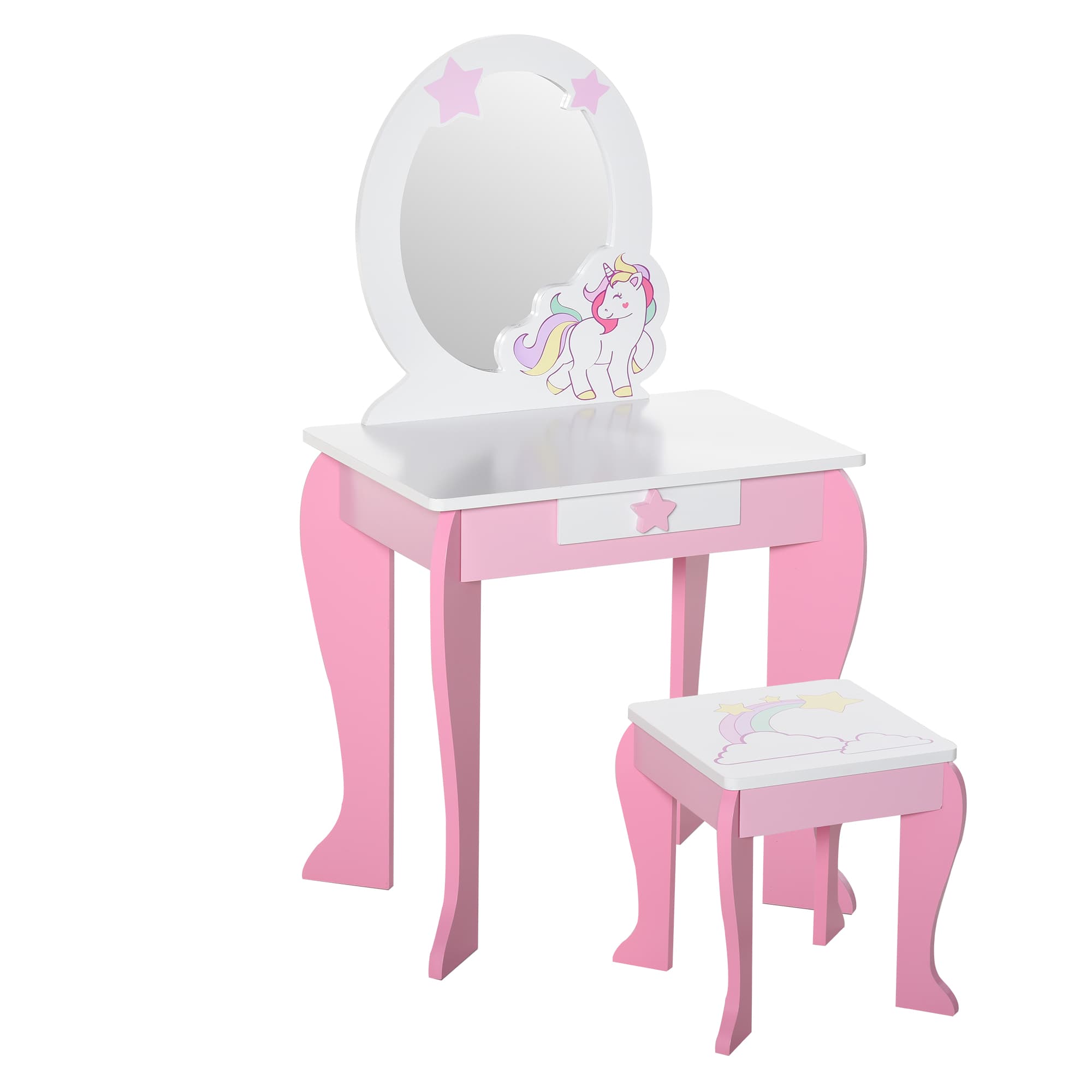 HOMCOM Kids Dressing Table, Girls Dressing Table w/ Mirror & Stool, Unicorn  Play Toy for Age 3-6 Years, Acrylic Mirror, Pink & White | Aosom UK