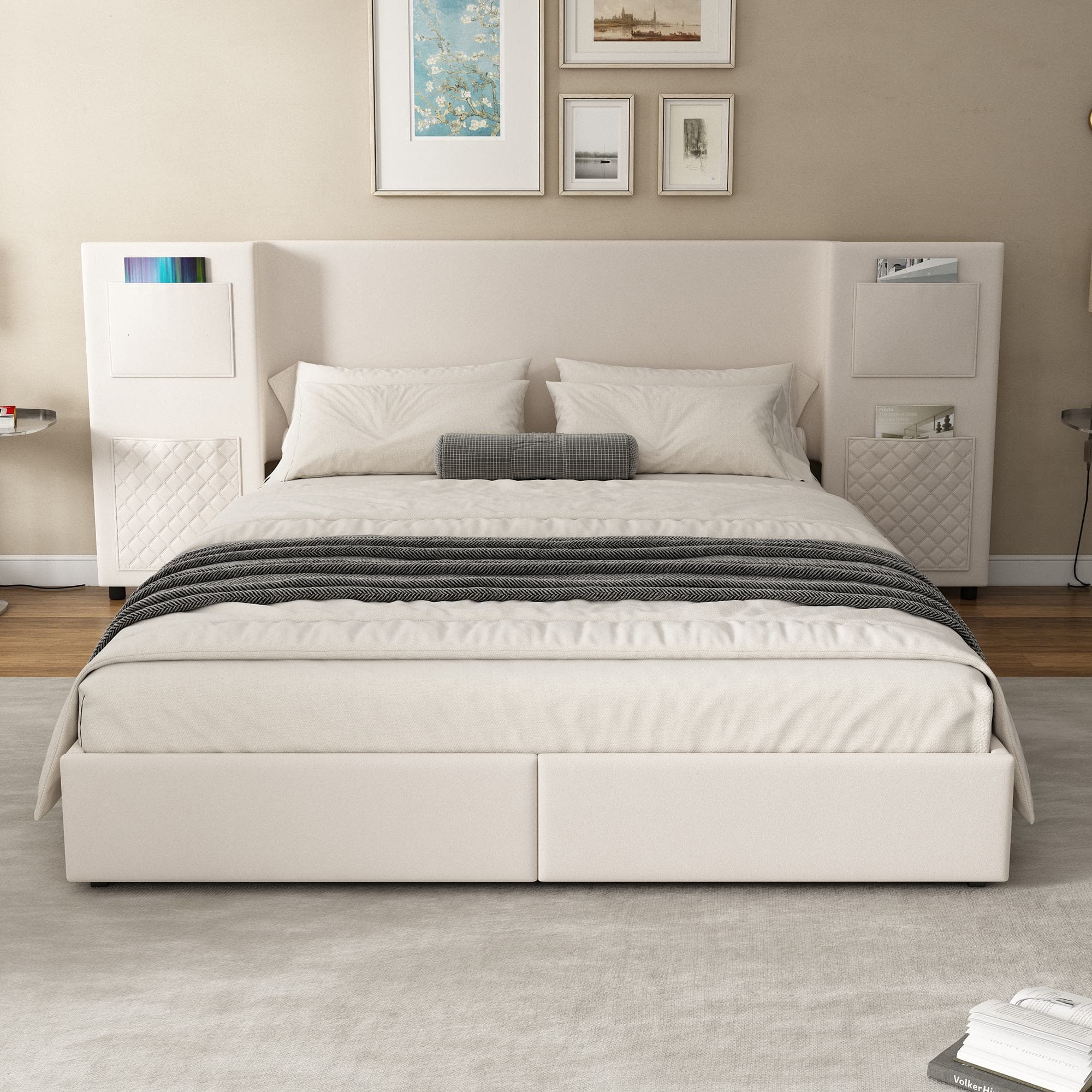 Upholstered Double Bed with Storage Drawers and Headboard Pockets, Bed Frame with Velvet and Plywood, 229L x 222.5W x 87.5H cm, Beige | Aosom UK