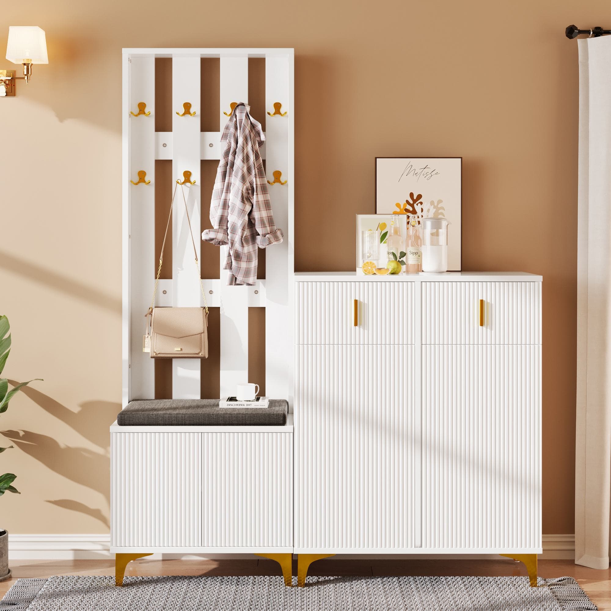 Practical Wardrobe Set with Shoe Bench and Cushion, Wave Texture, Closet Set Perfect for Entryway, 60.5L x 35W x 180.5H cm, White | Aosom UK