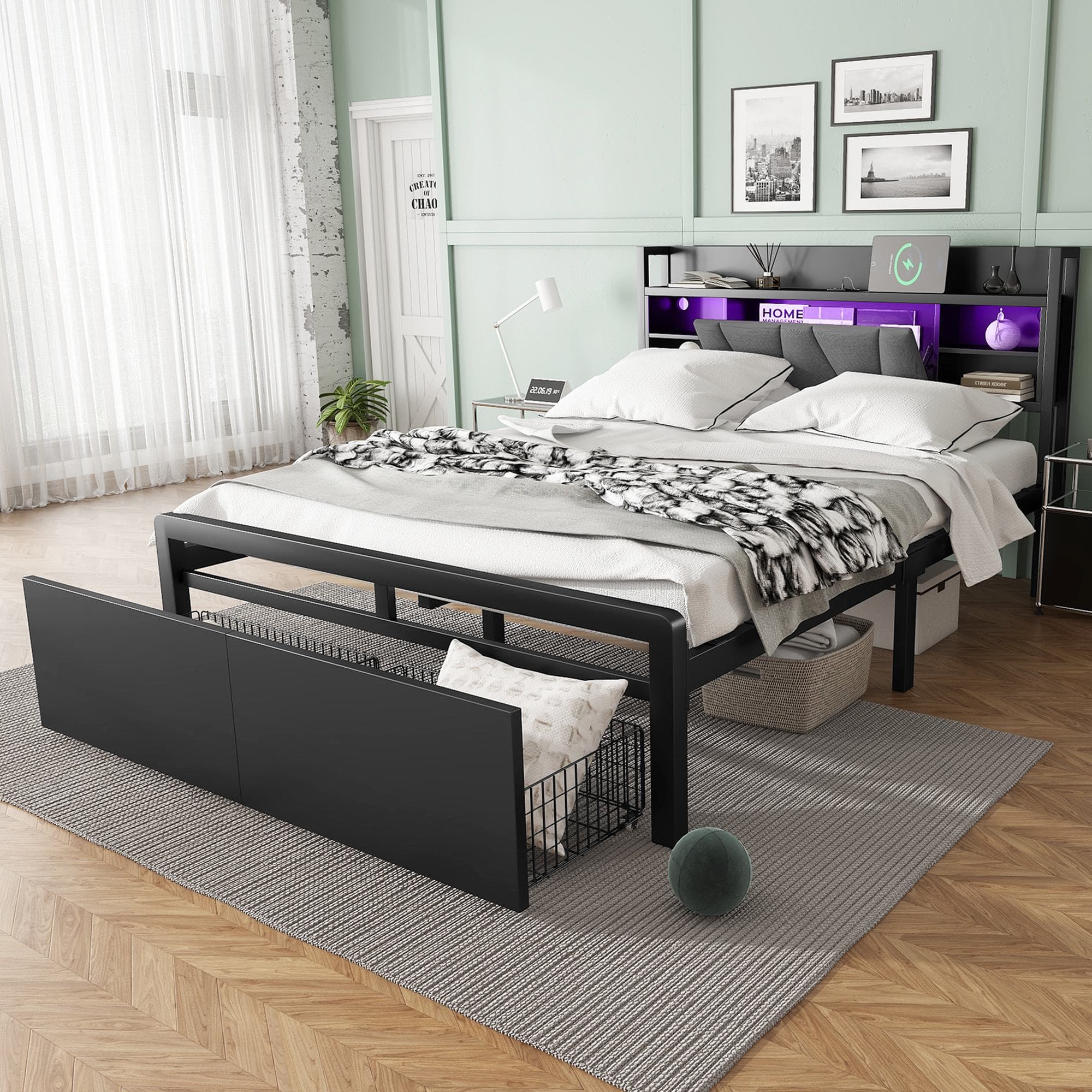 Metal Bed with LED Strip Lights and Charging Ports, Bed Frame with Wheeled Drawers, Padded Storage, 209L x 137.5W x 100H cm, Black | Aosom UK