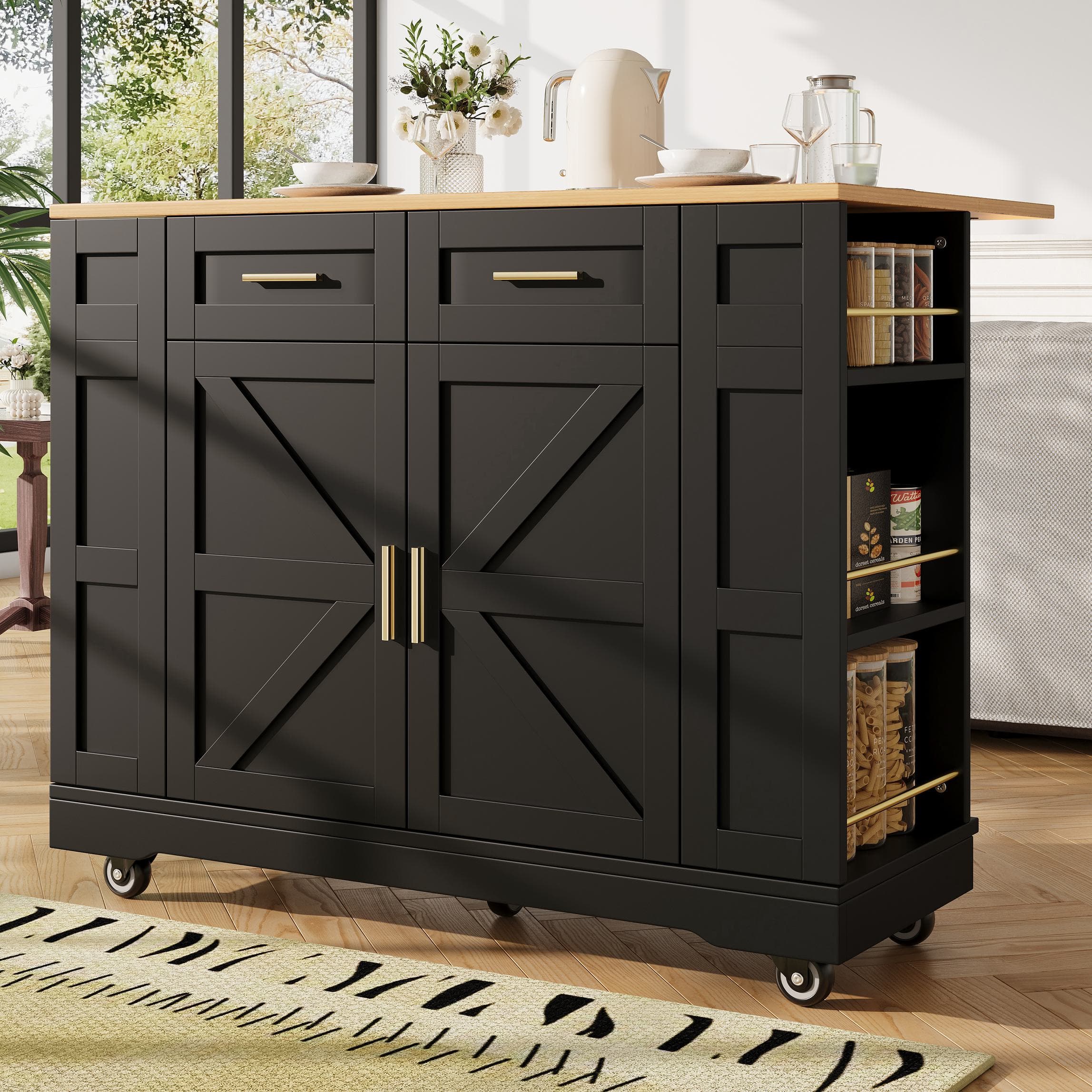Elegant Kitchen Island Trolley with Wheels, Foldable Worktop, Black Kitchen Trolley with Double-Sided Storage, 120L x 40W x 90H cm, Black | Aosom UK