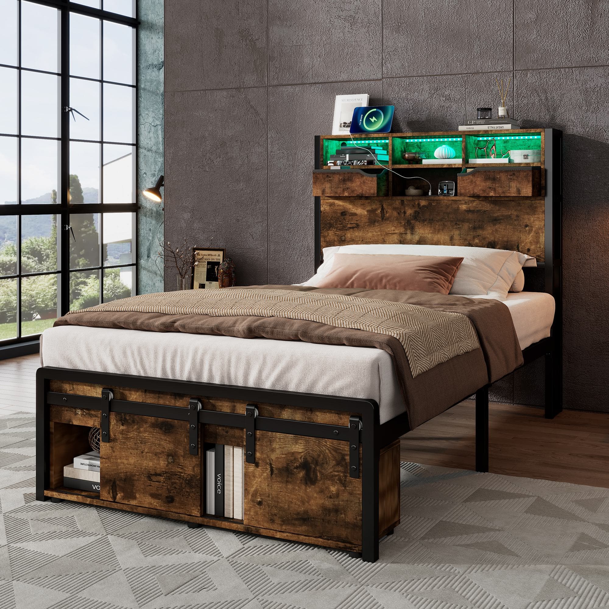 Modern Metal Single Bed with LED Lights and Charging Ports, Crafted Headboard with Iron Slats, 209L x 90.5W x 114.5H cm, Black+Natural | Aosom UK