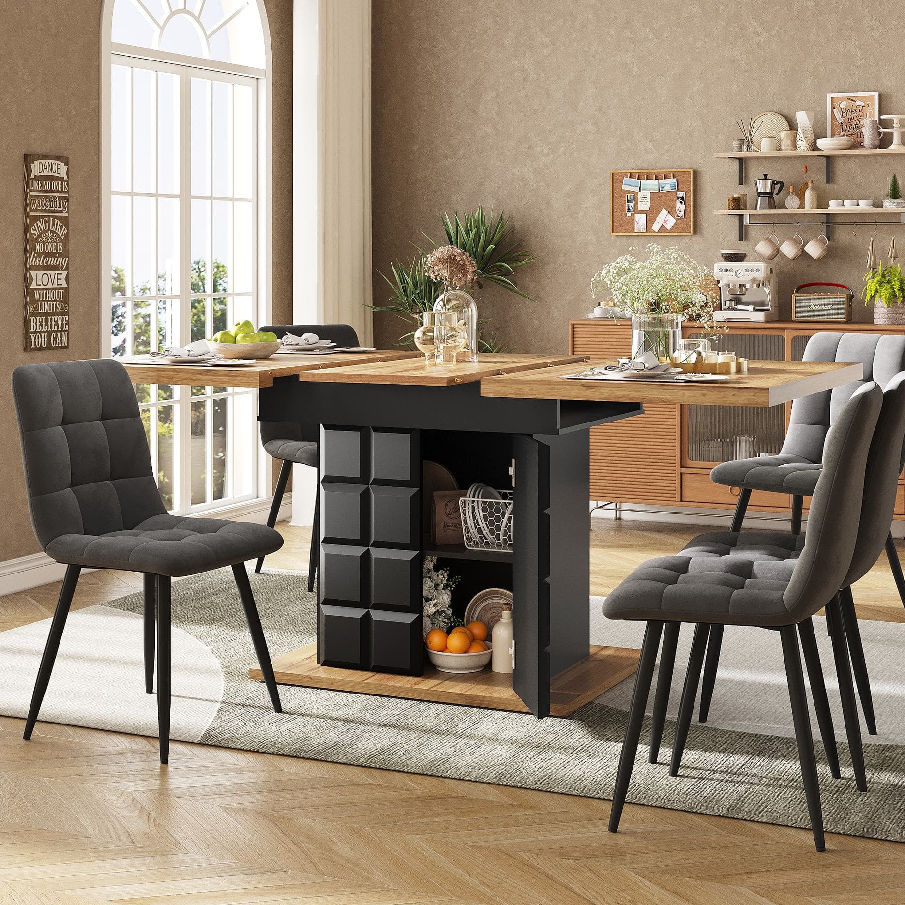 Telescopic Extendable Dining Table with Checked Pattern, Foldable Kitchen Table for 4-6 People, 110-140L x 80W x 75H cm, Black+Natural | Aosom UK