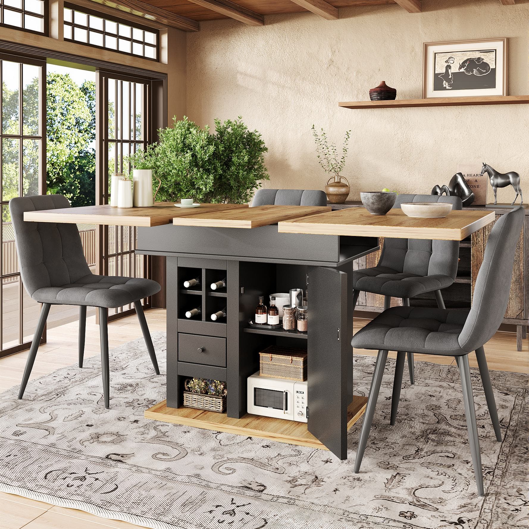 Extendable Dining Table with Modern Design for 4-6 People, Kitchen Table with Wine Rack and Drawers, 110L x 80W x 75H cm, Black+Natural | Aosom UK