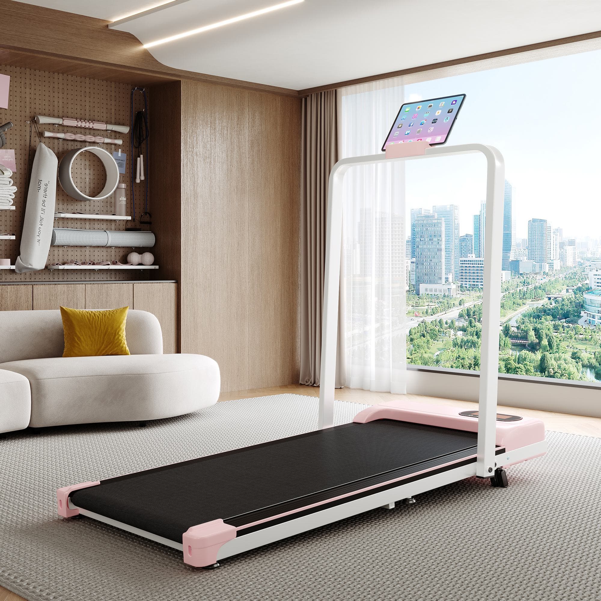Folding Treadmill with Adjustable Incline, LED Display & Remote Control, Space-Saving Treadmill for Rooms, 121L x 54.5W x 9.5H cm, Pink | Aosom UK