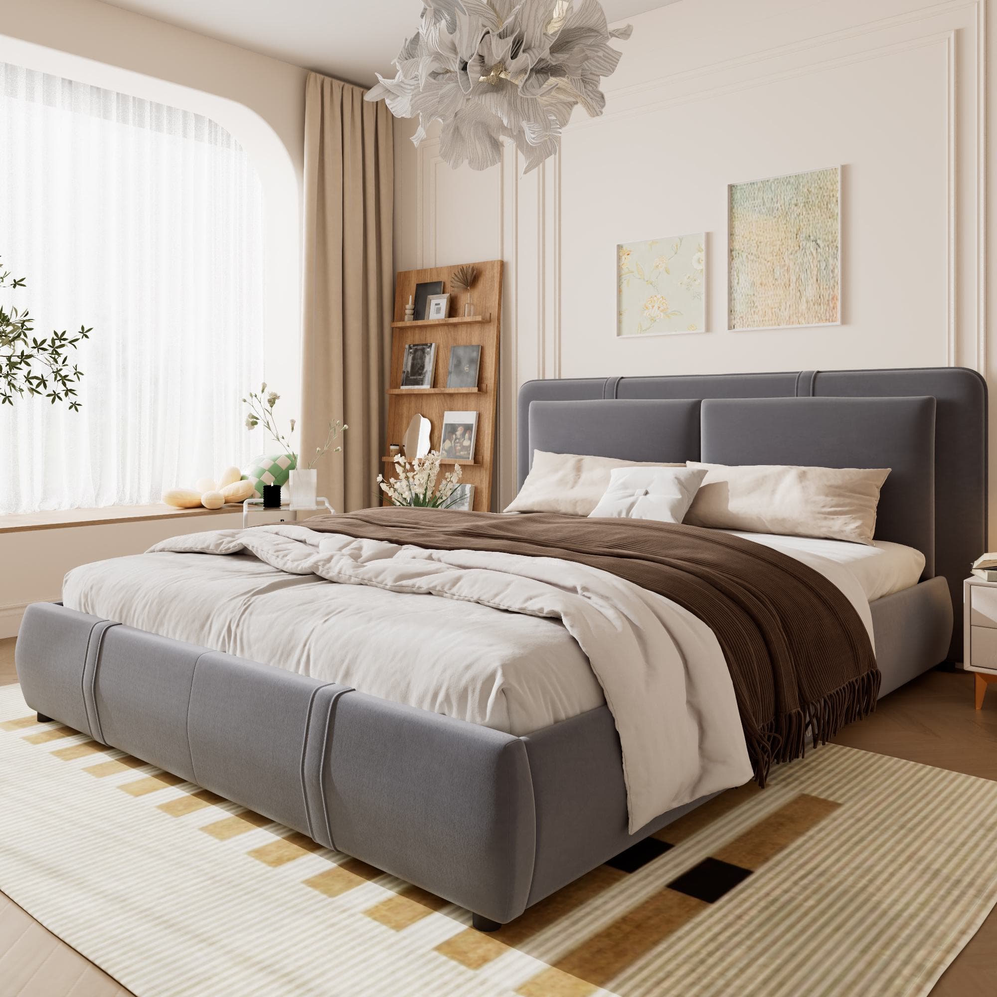 Upholstered Hydraulic Bed with Storage and Removable Headboard, Crafted Headboard with Velvet and Plywood, 210L x 159W x 90H cm, Grey | Aosom UK