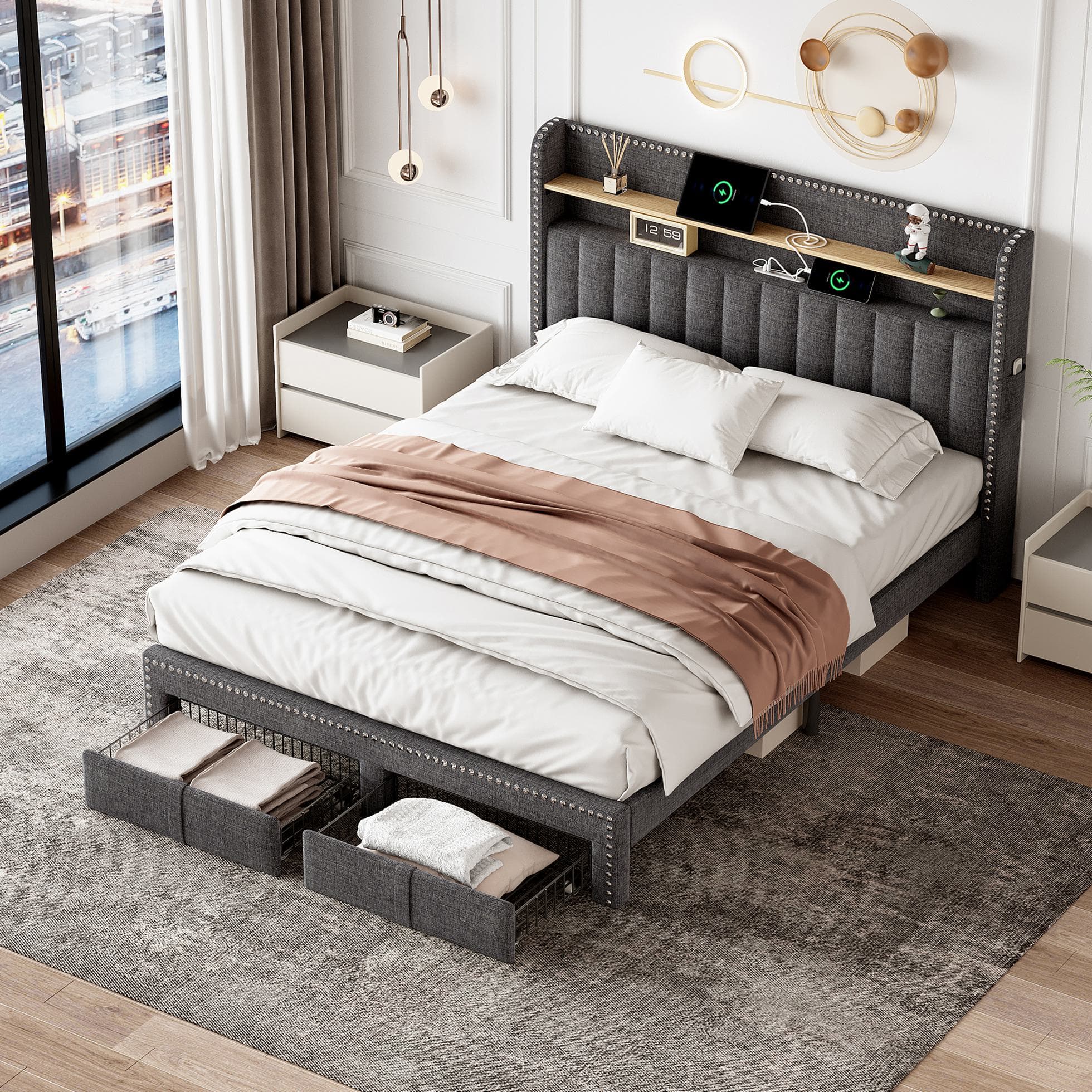 Double Upholstered Bed with Storage Drawers, Charging Ports, Linen Platform Frame with LED Night Light, 205L x 142.5W x 122H cm, Grey | Aosom UK