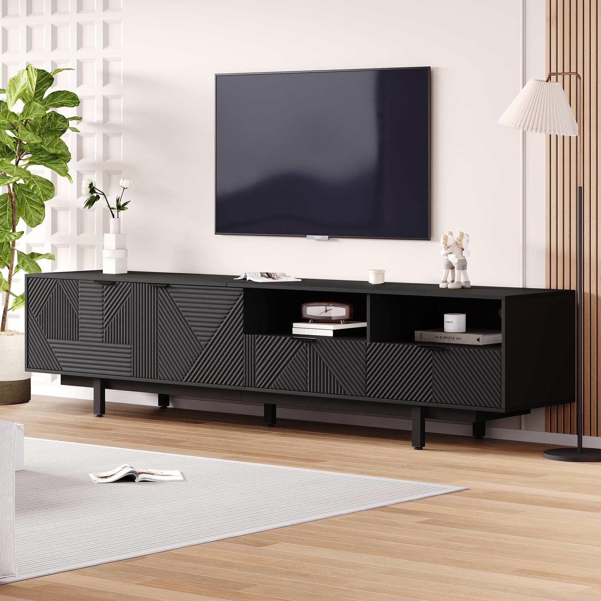 Modern Bohemian TV Cabinet with Sturdy and Durable Construction, Geometric Lines TV Stand for Living Room, 200L x 40W x 51H cm, Black | Aosom UK