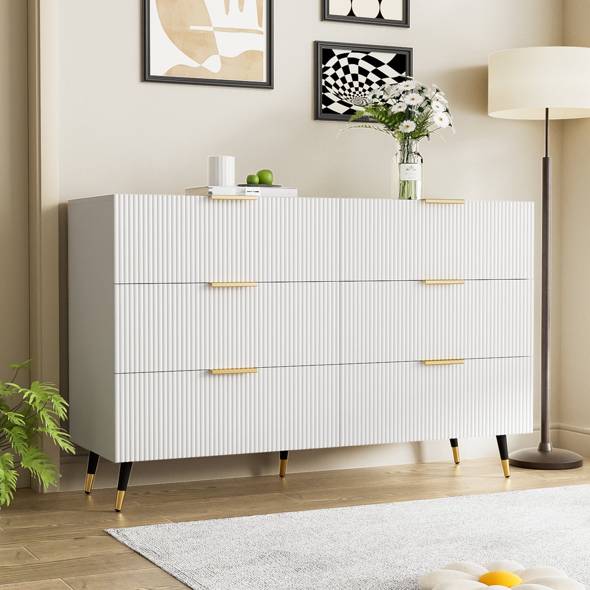Elegant Sideboard with Modern Design, Chest of Drawers and Storage Space, Cabinet for Space-Saving Room, 120L x 40W x 77H cm, White+Gold | Aosom UK