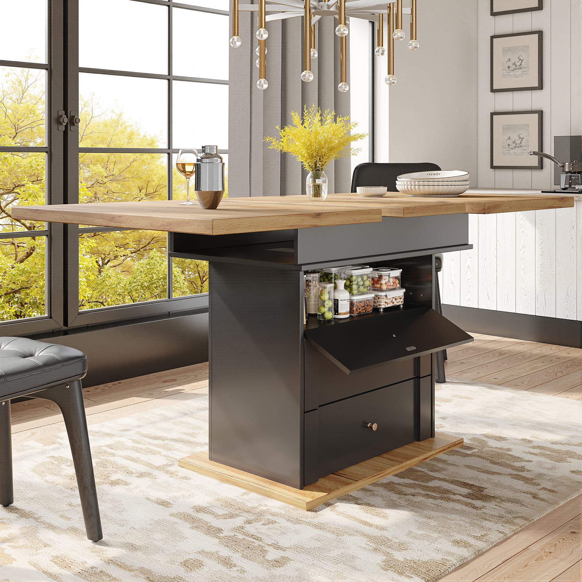 Telescopic Foldable Kitchen Table for 4-6 People with Soft-Close System, Dining Table for Kitchen, 110L x 80W x 75H cm, Black+Natural | Aosom UK