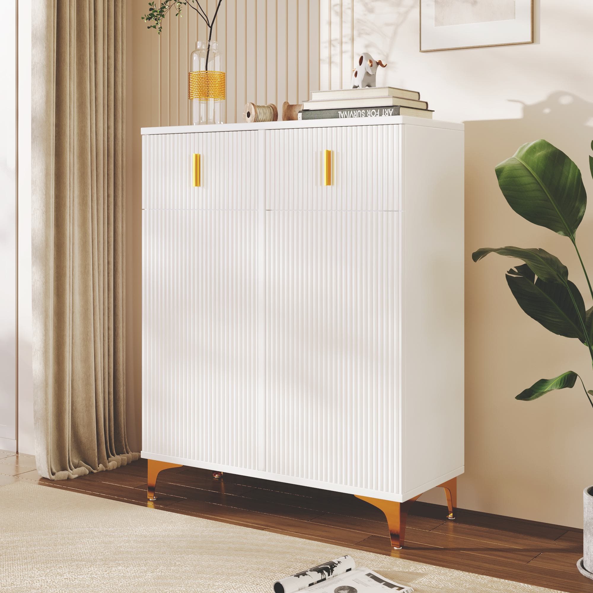 Elegant Sideboard with Adjustable Shelves and Gold-Plated Accents, Cabinet Ideal for Space-Saving Room, 83L x 35W x 101H cm, White+Gold | Aosom UK