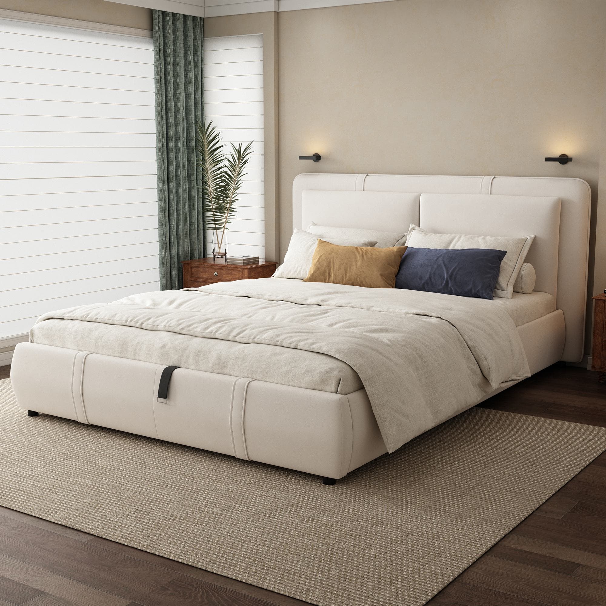 Upholstered Double Bed with Hydraulic Storage and Headboard, Full-Size Bed Ideal for Storing Bedding, 210L x 159W x 90H cm, Beige | Aosom UK