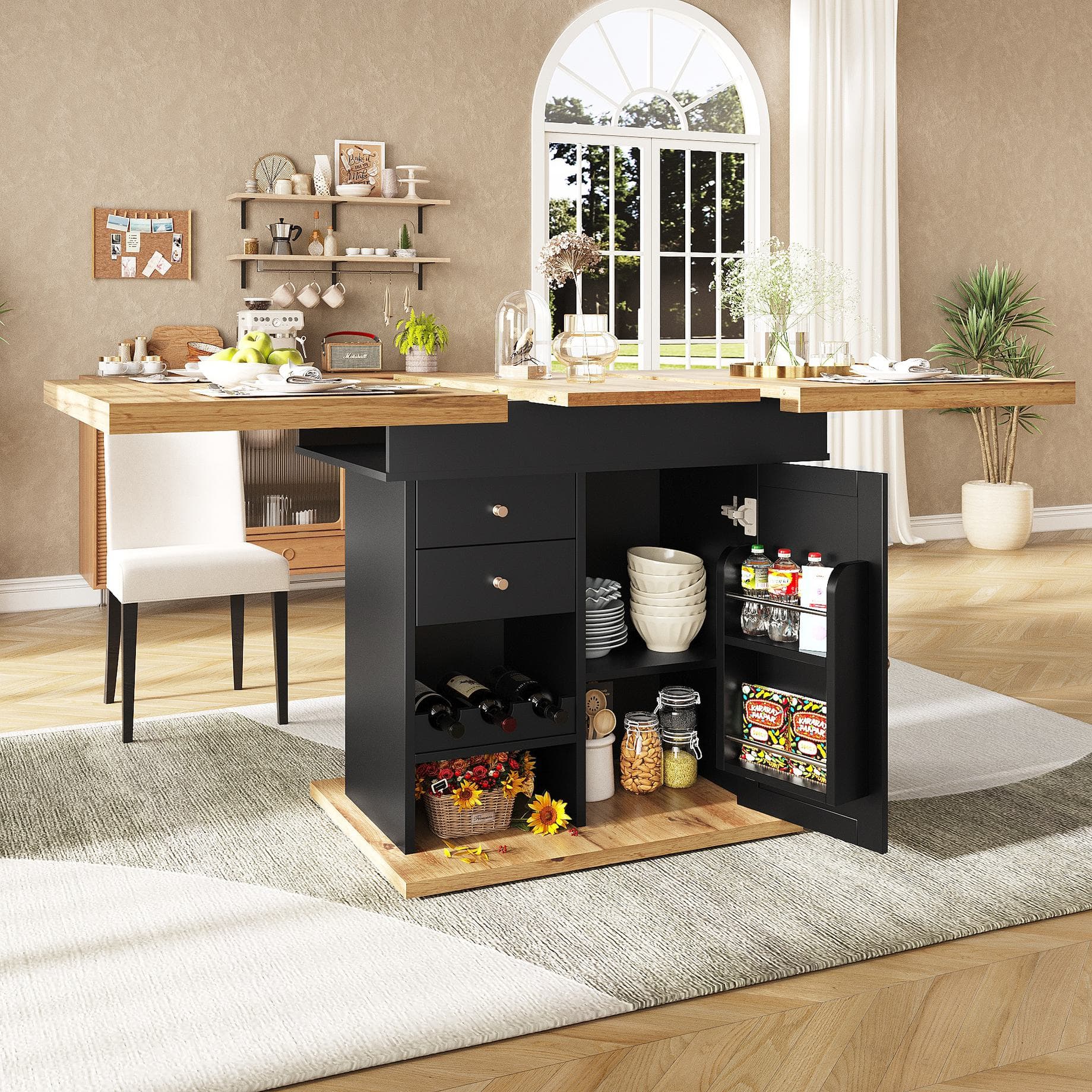 Telescopic Dining Table with Snack Shelf and Wine Rack for 4-6 People, Kitchen Table for Modern Living, 110L x 80W x 75H cm, Black+Natural | Aosom UK