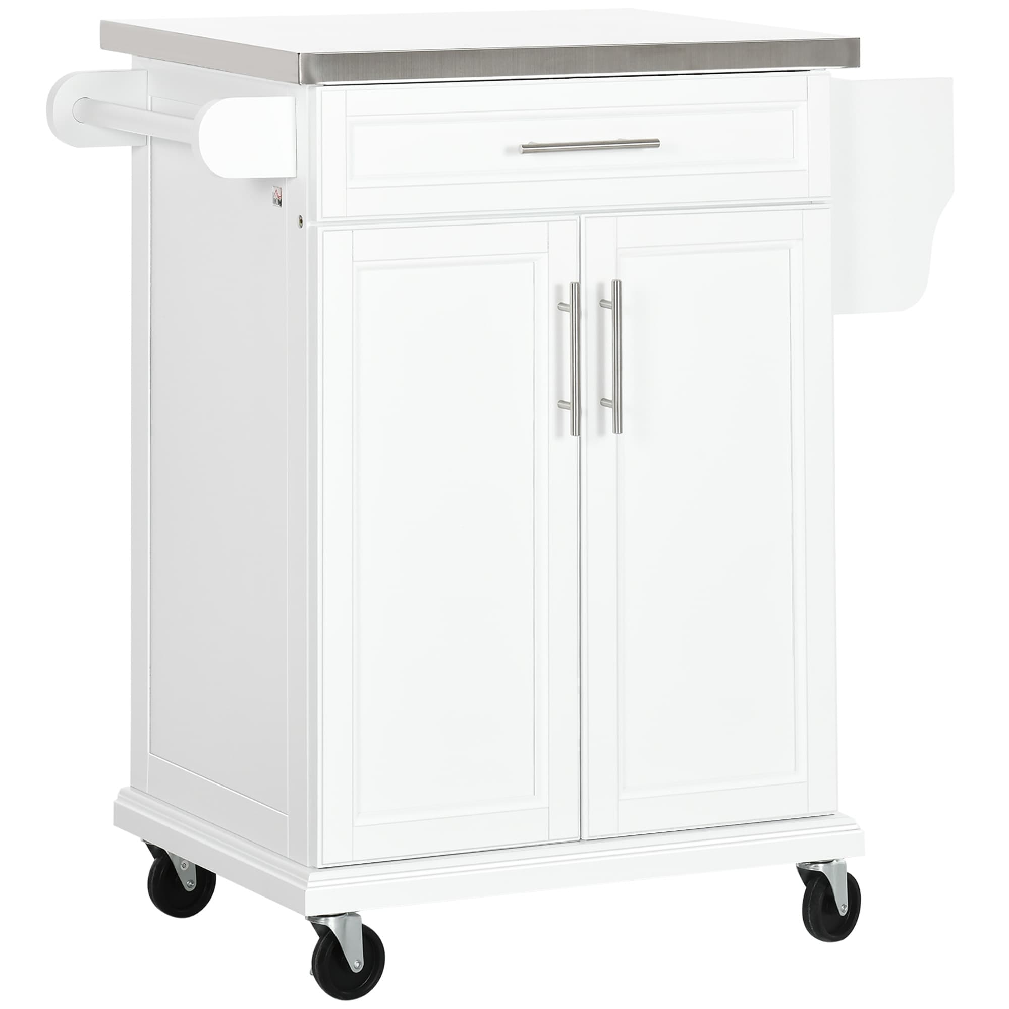 HOMCOM White Wooden Freestanding Kitchen Island on Wheels, Serving Cart Storage Trolley w/ Stainless Steel Top, Drawer, Side Handle & Rack | Aosom UK