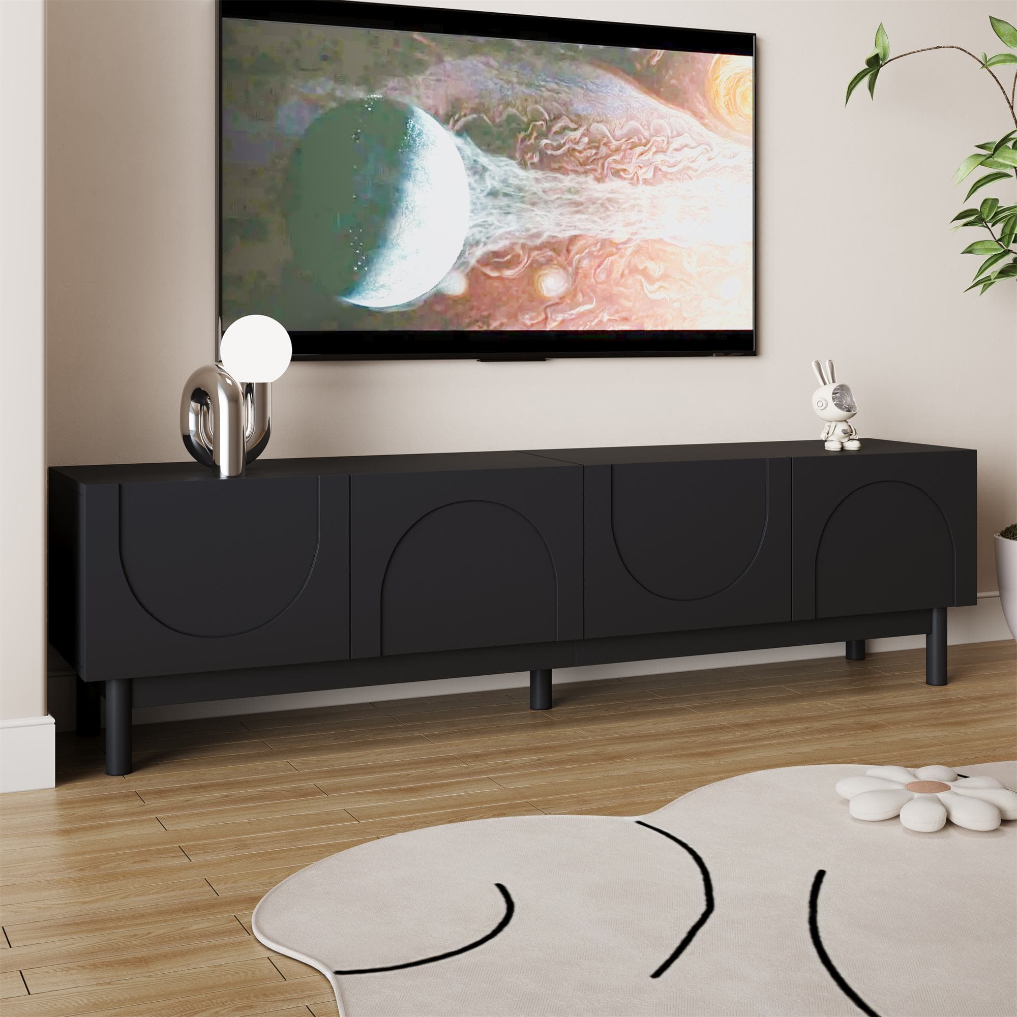 Pure Black TV Cabinet with Curved Doors and Shelves, Stabilising Legs, Modern TV Stand for Organised Homes, 169L x 34W x 45.5H cm, Black | Aosom UK