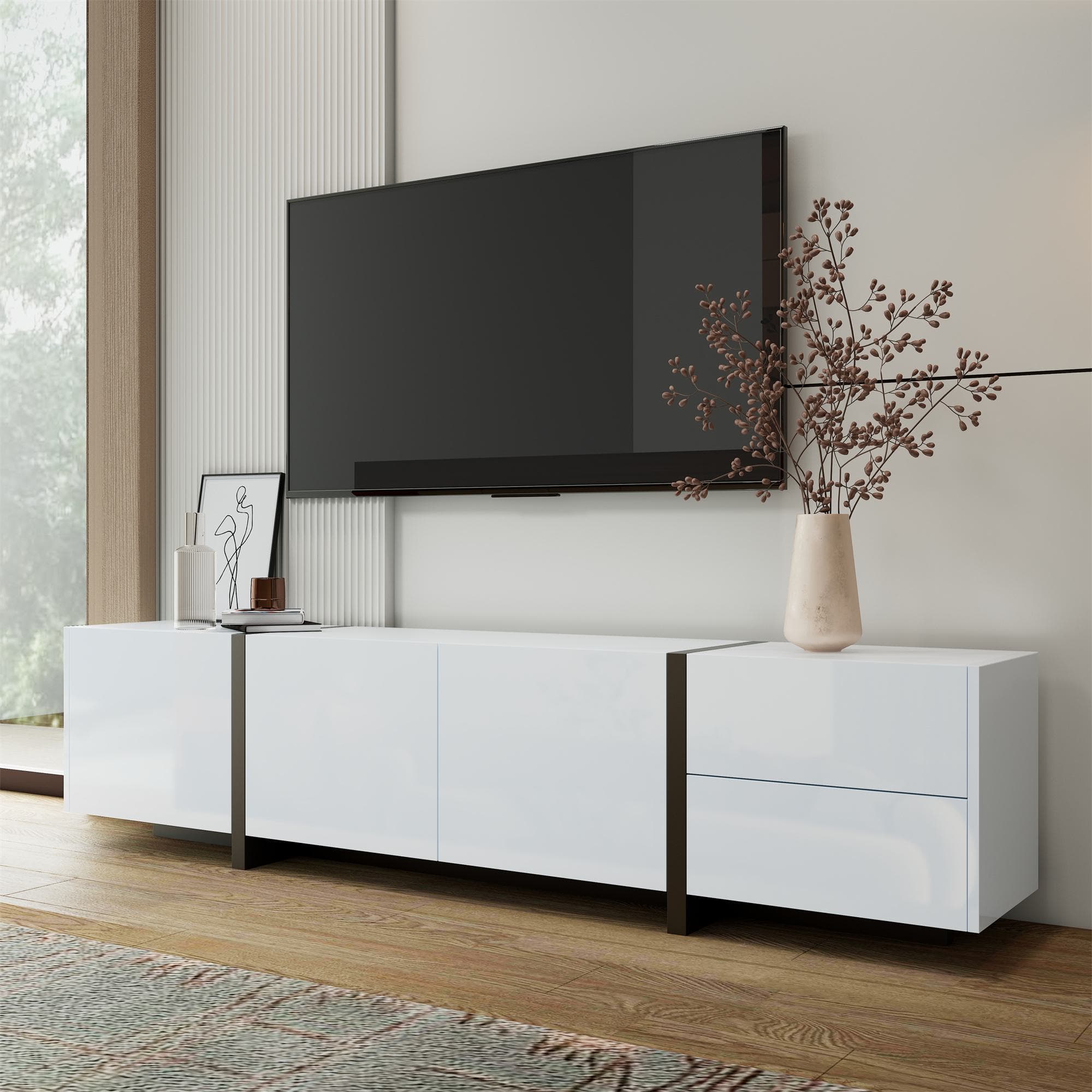 High-Gloss Black and White TV Cabinet with 3 Doors, Ample Storage, Modern TV Stand for Living Room, 170L x 29.5W x 40H cm, Black+White | Aosom UK