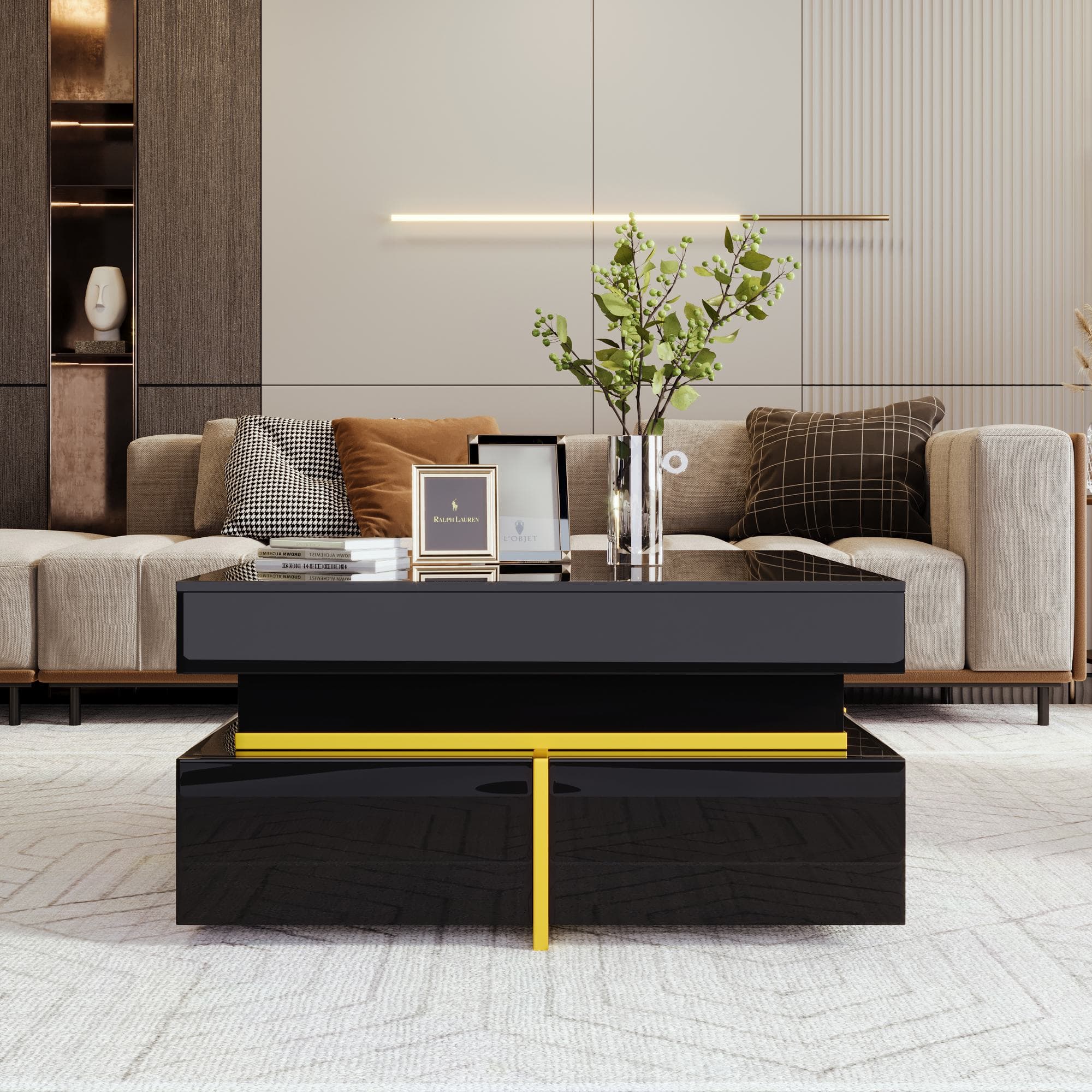 High-Gloss Coffee Table with Accents, Drawers and Practical Storage, Side Table Ideal for Modern Elegance, 70L x 70W x 35.5H cm, Black | Aosom UK