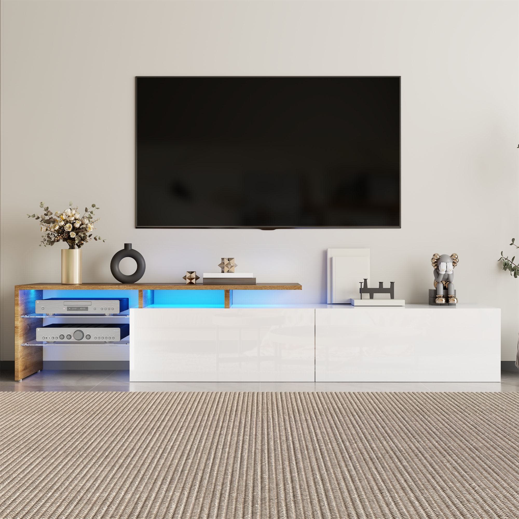 Modern TV Cabinet with Glass Shelves and LED Lighting, High-Gloss Media Cabinet for Living Room, 170L x 33W x 33.5H cm, White+Wood | Aosom UK
