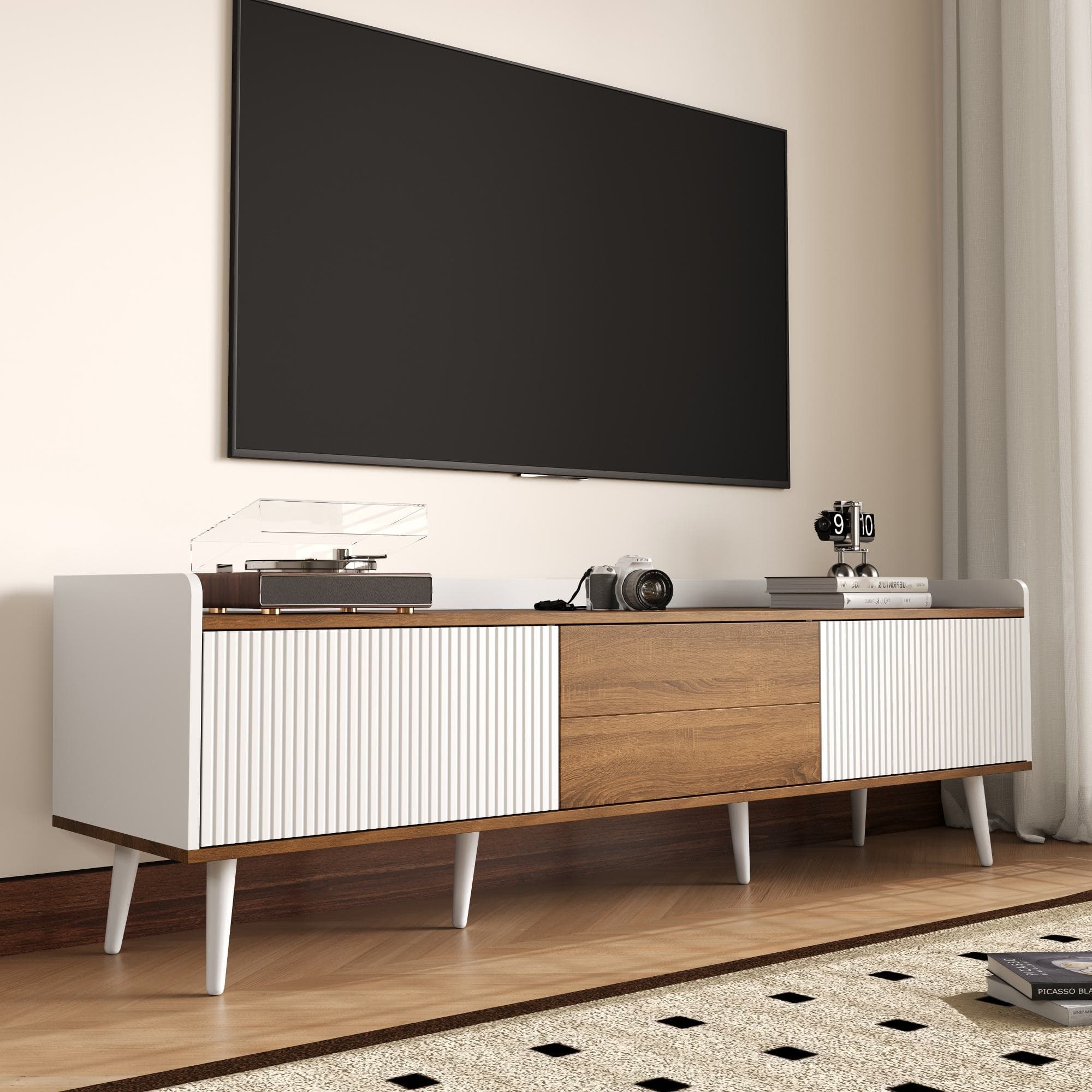 3 Doors TV Cabinet with Raised Edge and Wooden Legs, Media Cabinet Ideal for Modern Homes with Children, 160L x 39W x 49.5H cm, White | Aosom UK