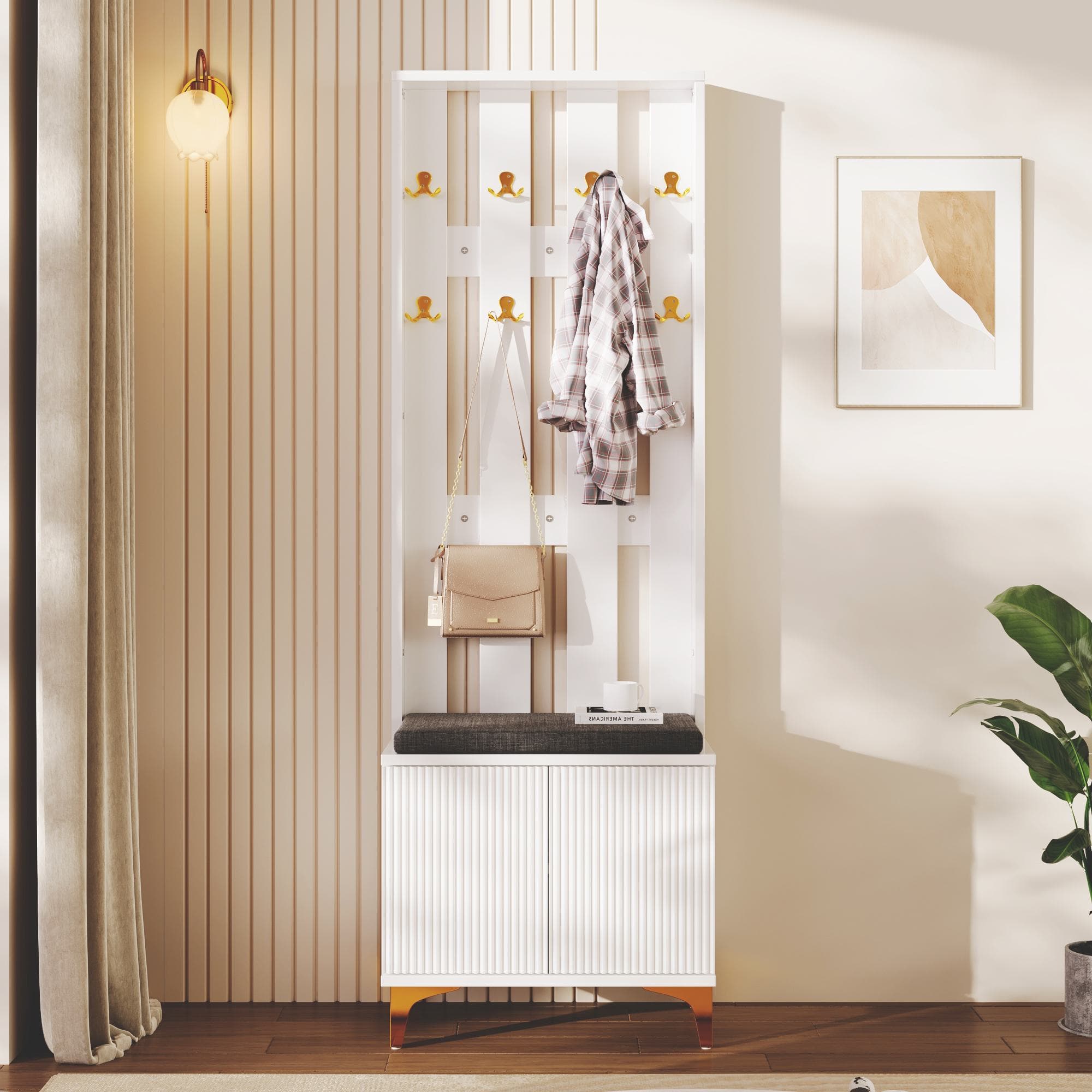 Elegant Wardrobe Set with Shoe Bench and Cushion, Adjustable Shelves, Closet Set Perfect for Entryway, 60.5L x 35W x 60.5H cm, White | Aosom UK