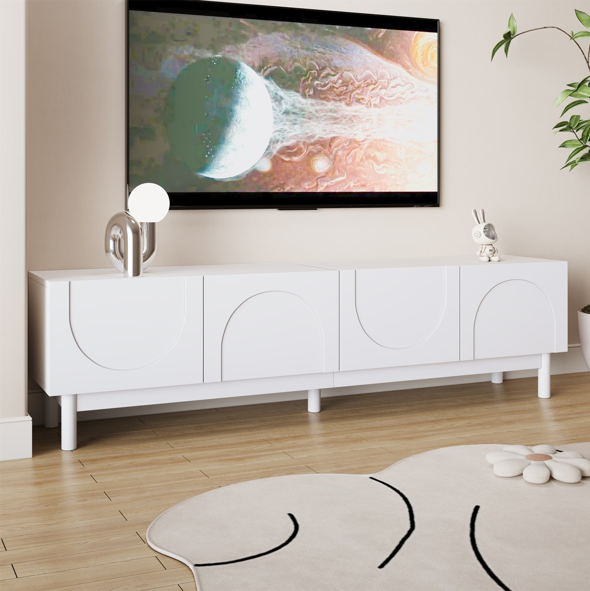 Elegant TV Cabinet with Curved Doors, Adjustable Shelves and Solid Wood Legs, TV Stand for Living Rooms, 169L x 34W x 45.5H cm, White | Aosom UK