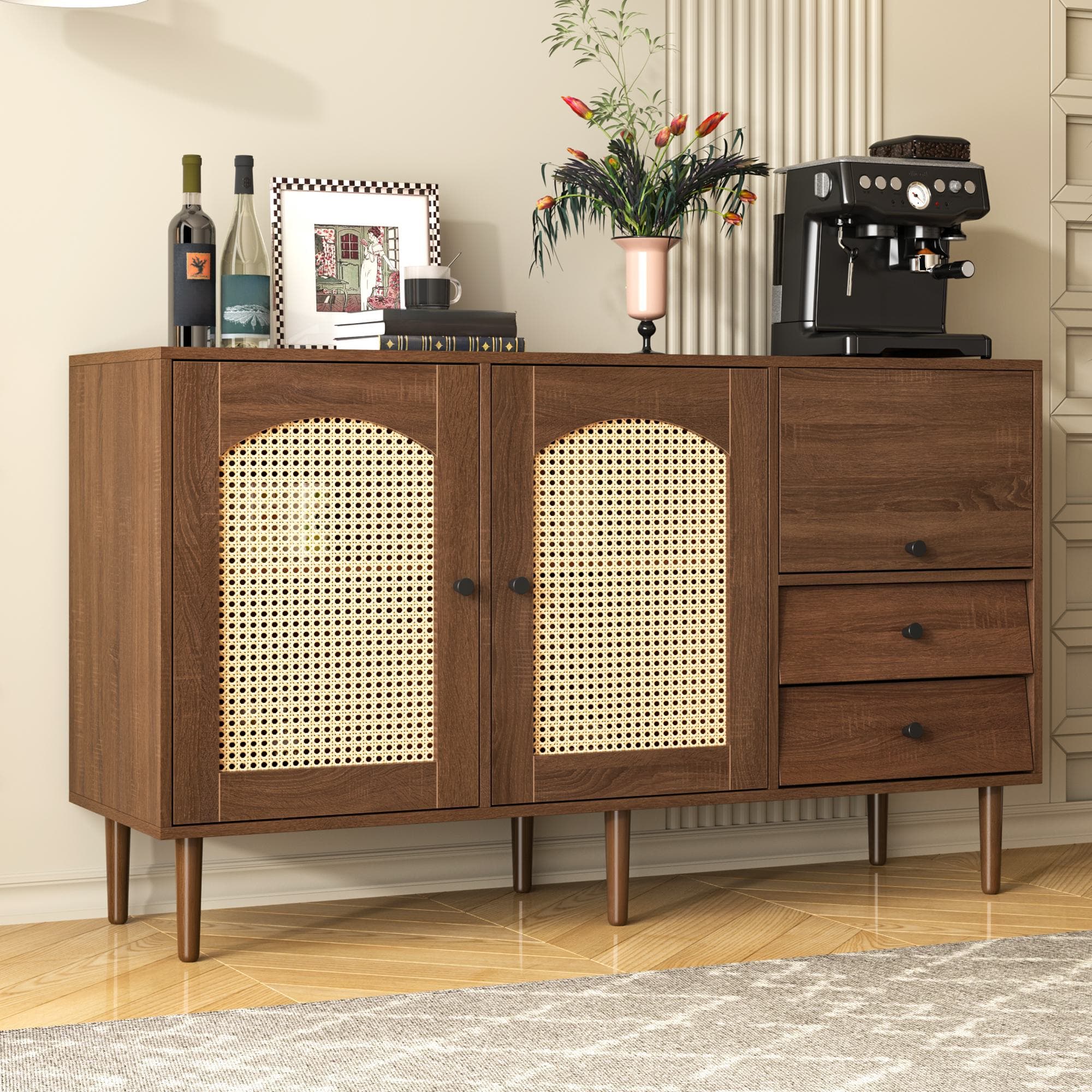 Country-Style Sideboard with Doors and Adjustable Shelves, Cabinet Ideal for Living Room and Hallway, 130L x 40W x 75.5H cm, Natural | Aosom UK