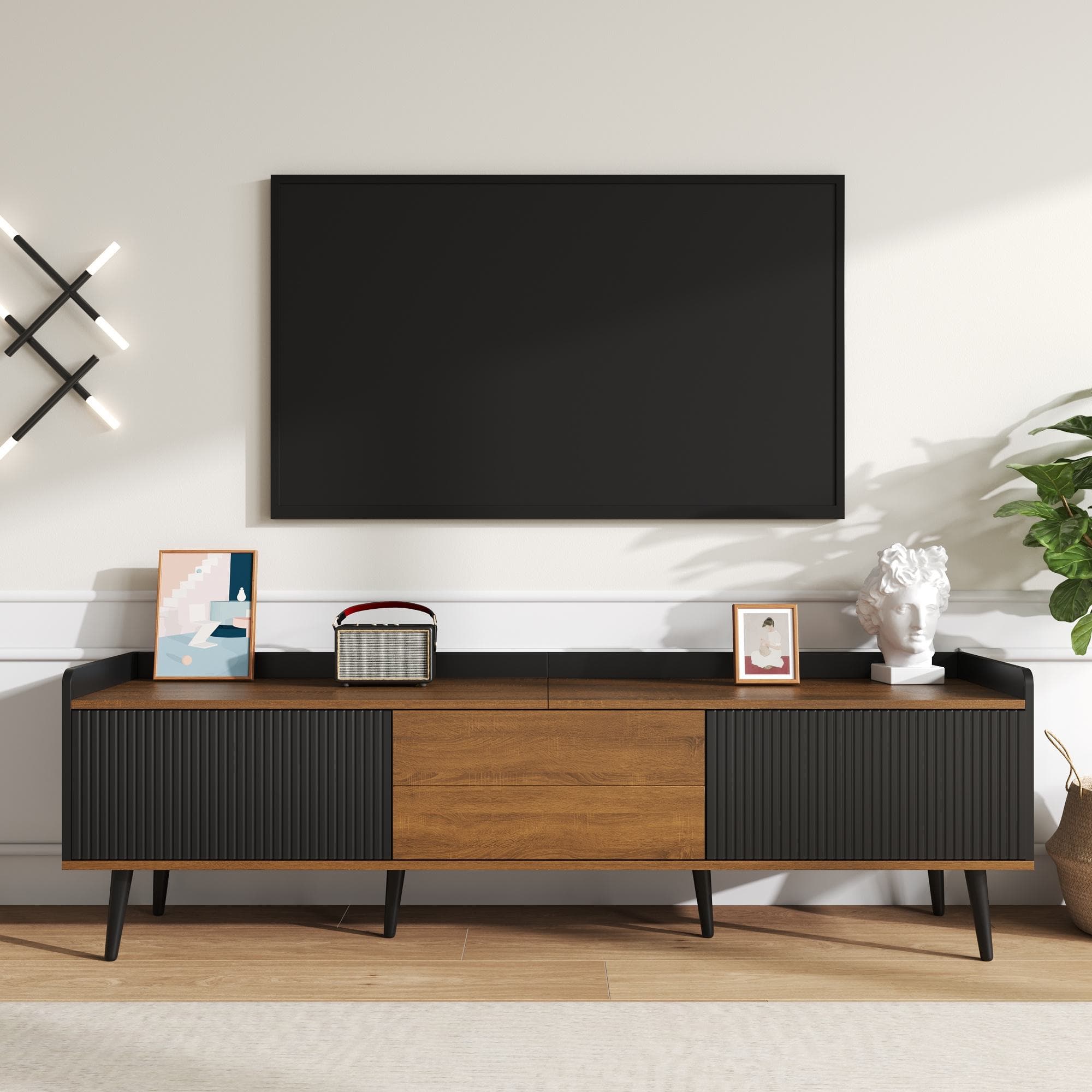 3 Doors TV Cabinet with Raised Edge and Wooden Legs, Media Cabinet Ideal for Modern Homes with Children, 160L x 39W x 49.5H cm, Black | Aosom UK