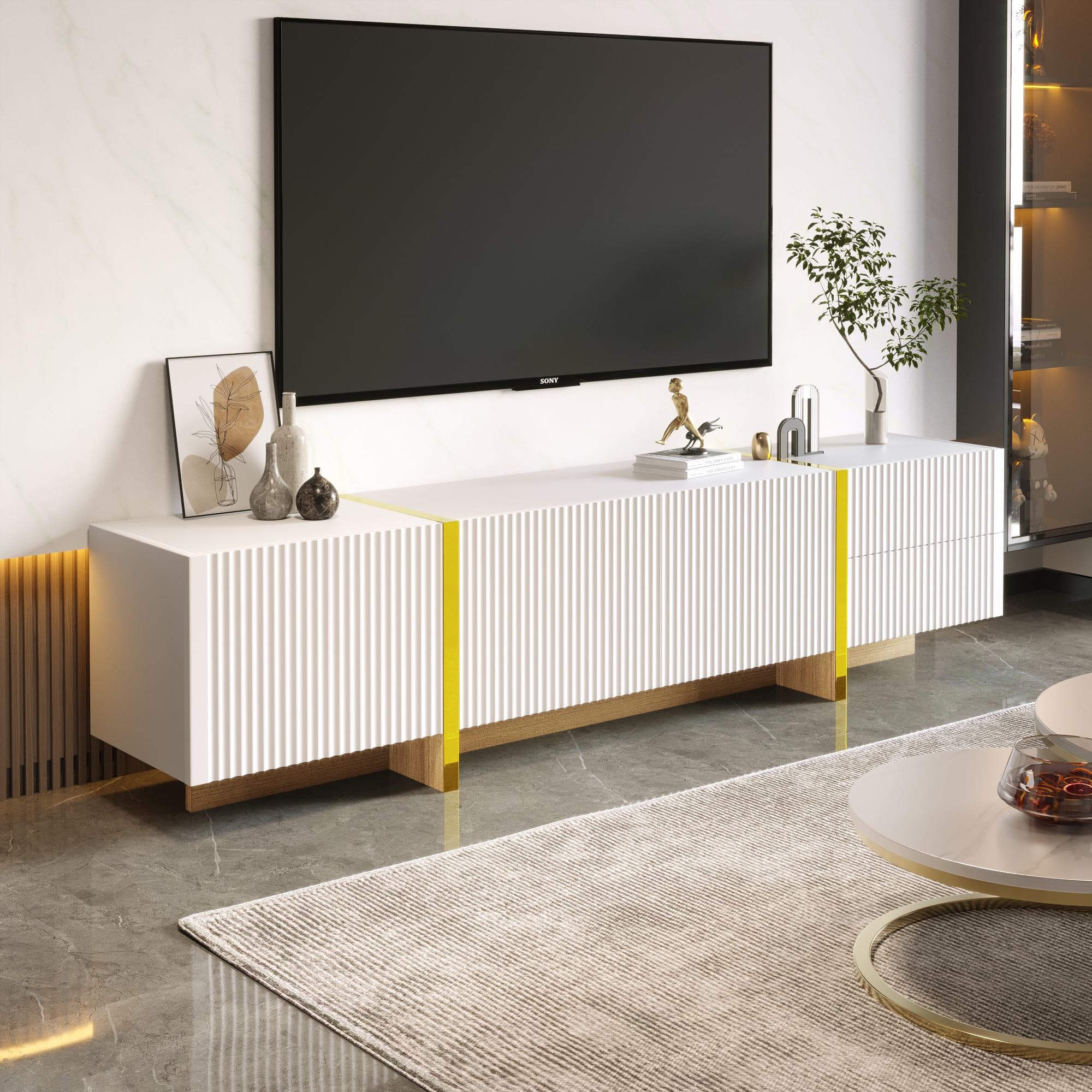 Elegant TV Cabinet with Large Storage and Soft-Close Hinges, TV Stand Ideal for Living and Media Room, 190L x 35W x 45H cm, Gold+White | Aosom UK