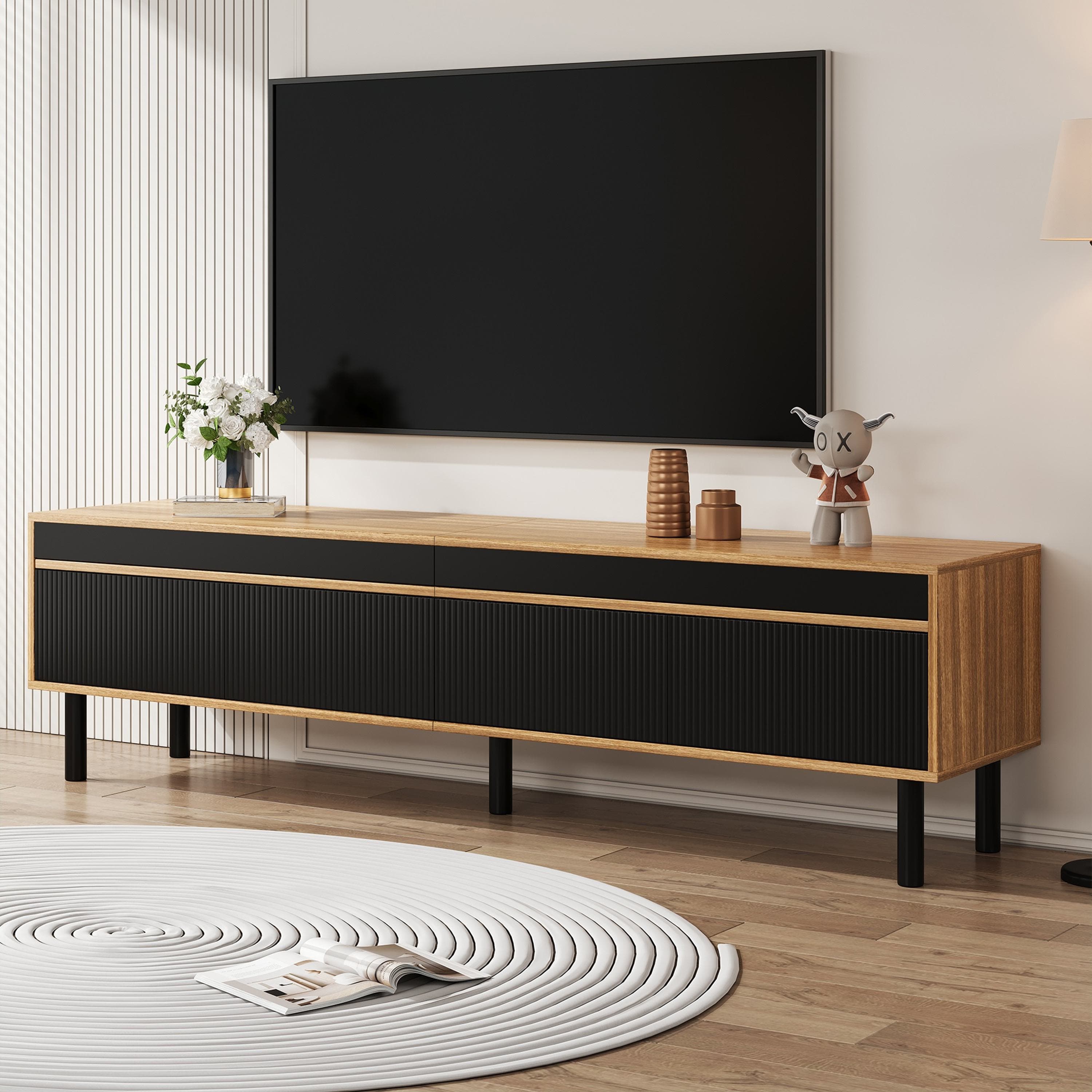 Elegant TV Cabinet with 4 Doors, Striped Design and Wooden Legs, Media Cabinet for Modern Homes, 170L x 38W x 47H cm, Black+Natural | Aosom UK