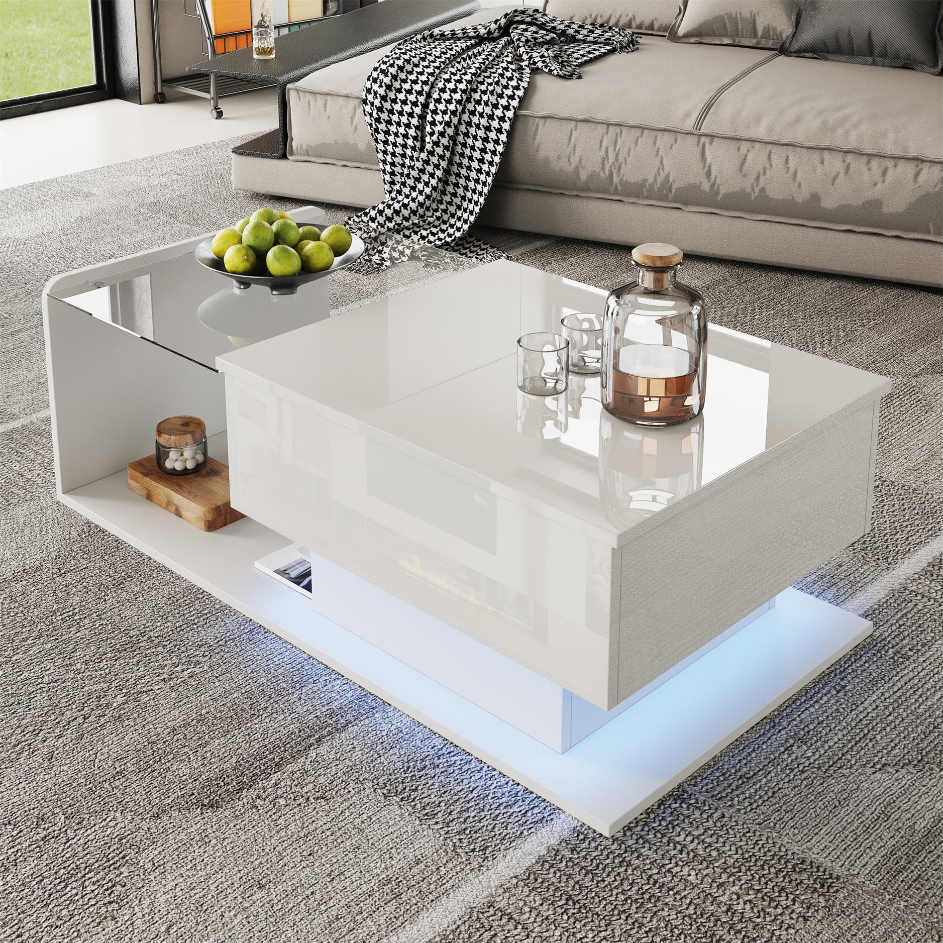 High-Gloss Coffee Table with Height and LED Lighting, Tea Table with Tempered Glass Top for Living Room, 100L x 50W x 33H cm, White | Aosom UK