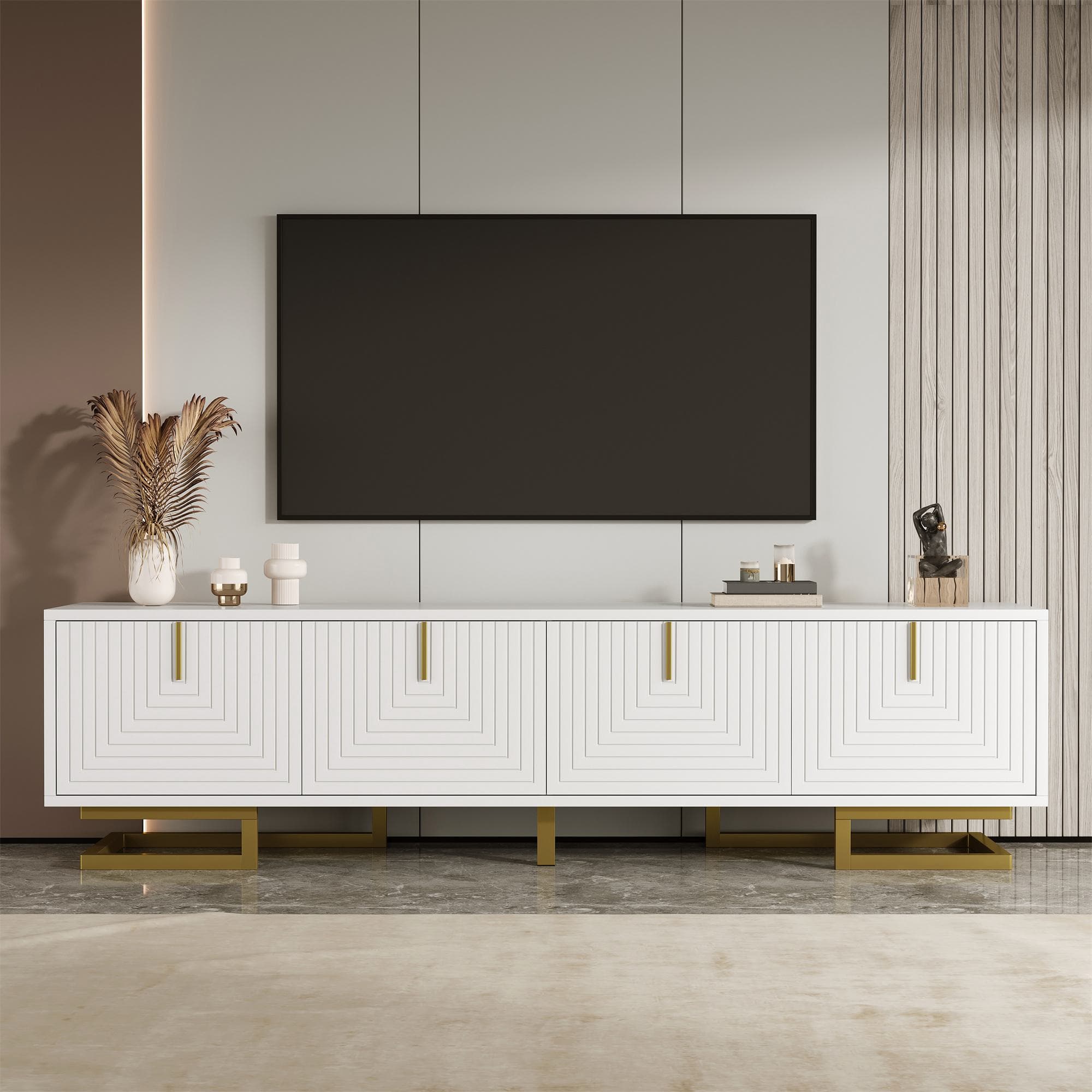 Elegant TV Cabinet with Textured Doors, Golden Handles, Adjustable Feet, Modern TV Stand for Living Room, 160L x 38W x 44.5H cm, White | Aosom UK