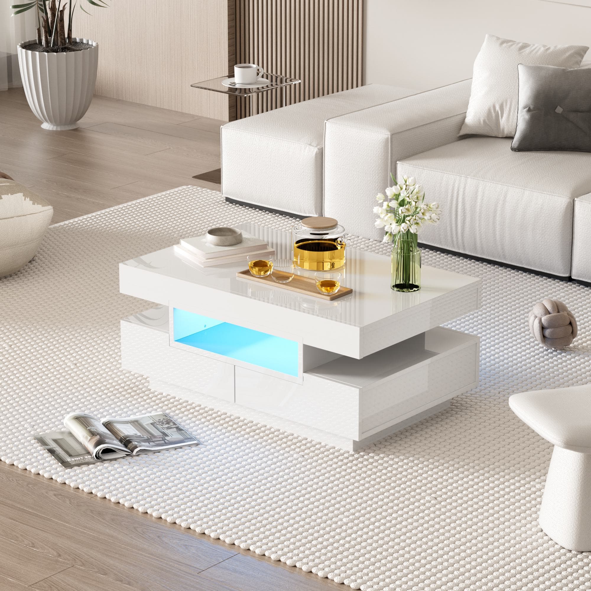 Elegant Coffee Table with High-Gloss Surface, LED Lighting and 4 Drawers, Side Table Ideal for Modern Elegance, 80L x 50W x 36H cm, White | Aosom UK