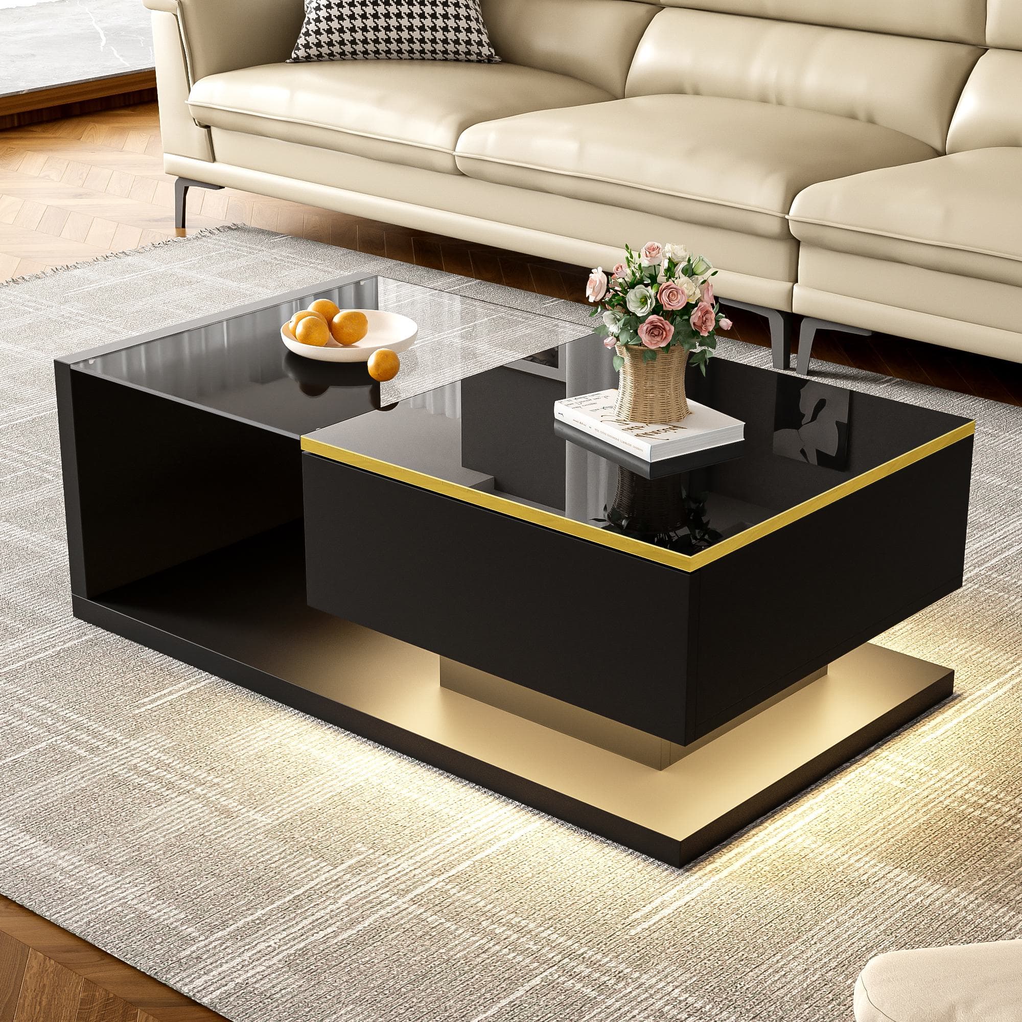 High-Gloss Black Coffee Table with Tempered Glass Top and LED Lighting, Tea Table Perfect for Modern Elegance, 90L x 50W x 32.5H cm, Black | Aosom UK
