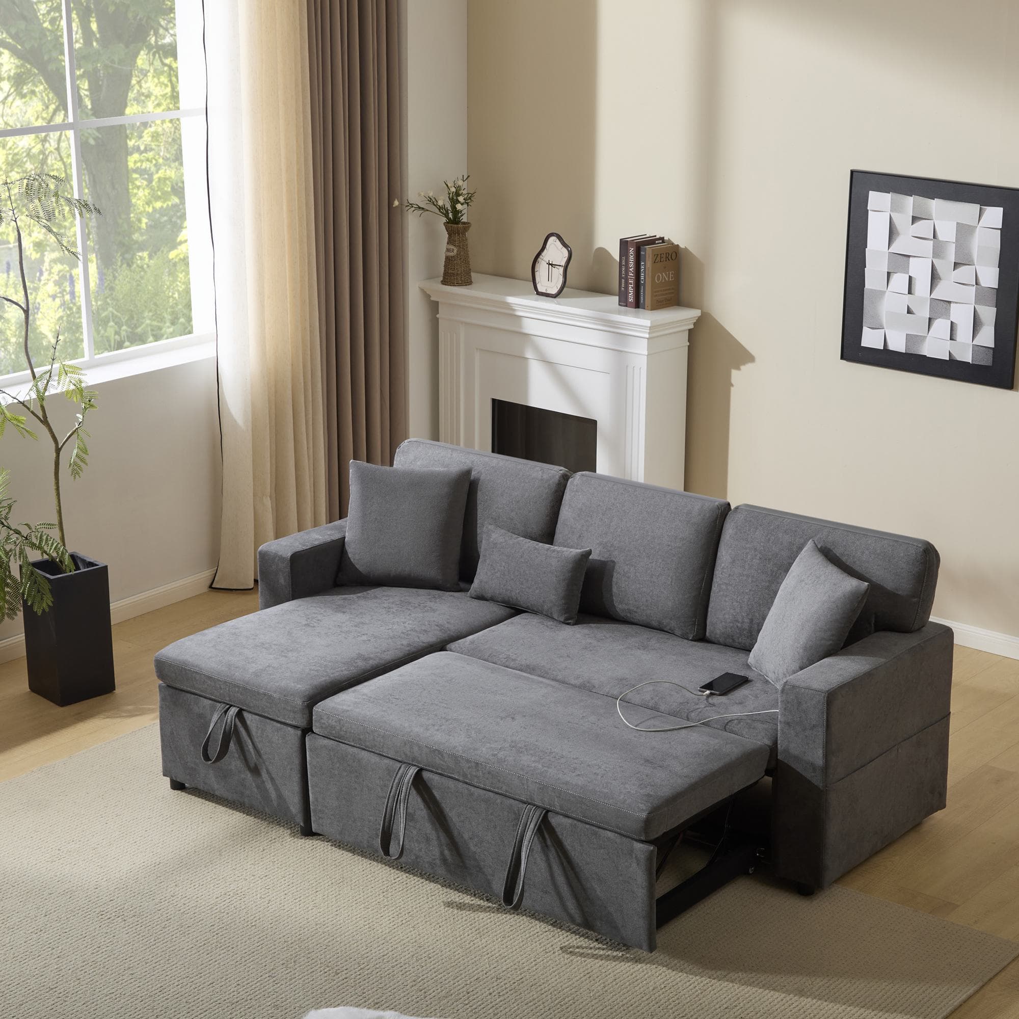 L-Shaped Corner Sofa Bed with Extendable Bed Box, Oxford Fabric Daybed with Integrated Shelf and USB Port, 214L x 131W x 87H cm, Dark Gray | Aosom UK