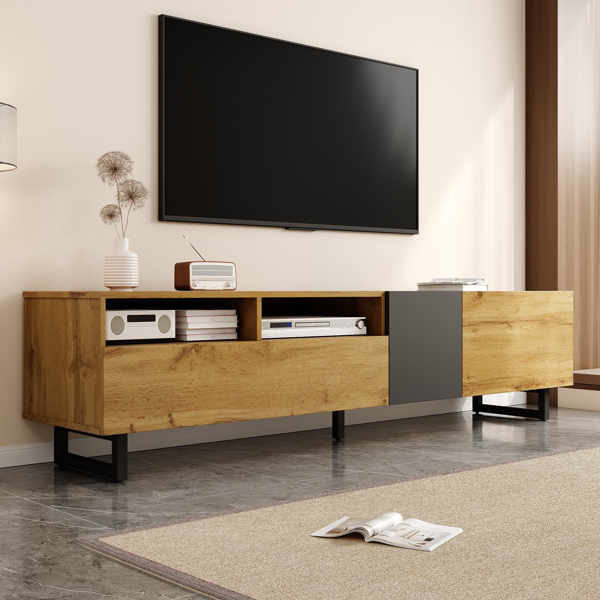 Retro TV Cabinet with Three Doors and 2 Compartments, U-Shaped Legs, TV Stand for Living Rooms, 170L x 36.5W x 42H cm, Dark Gray+Natural | Aosom UK