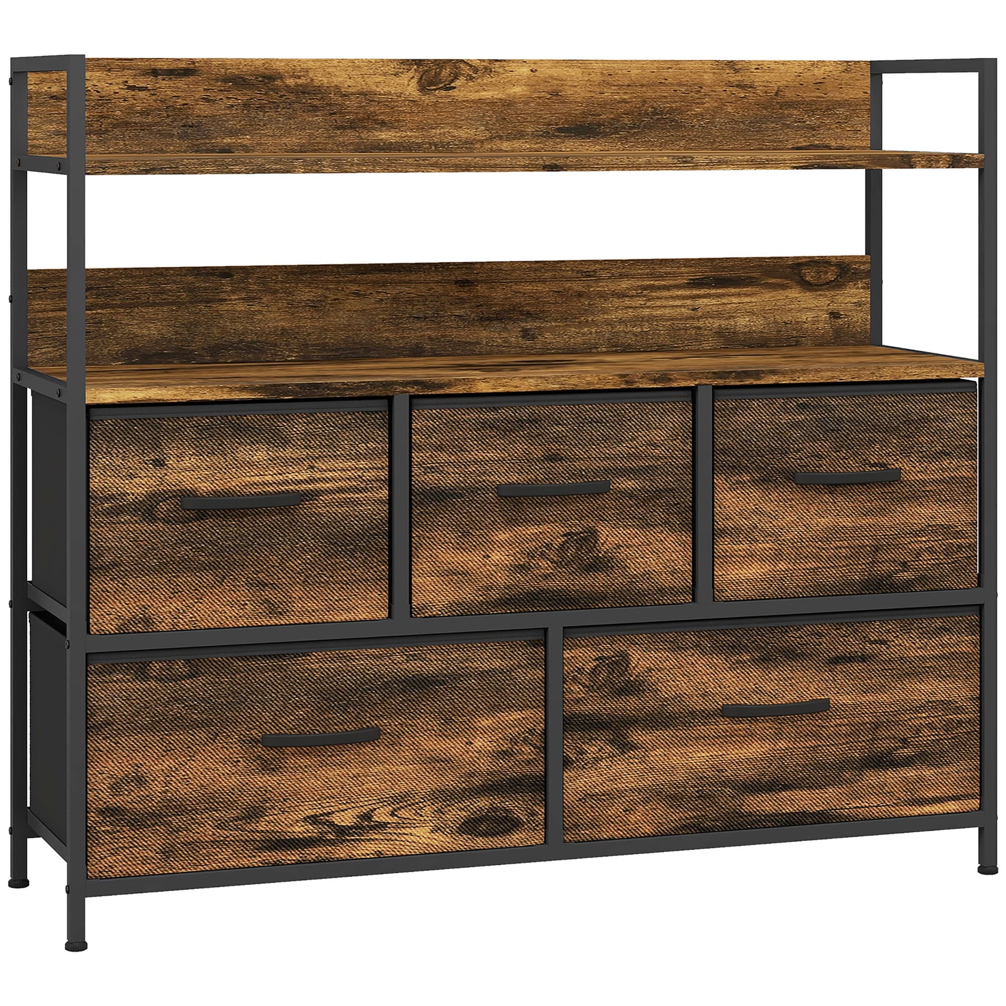 HOMCOM Rustic Chest of Five Fabric Drawers - Brown Wood Effect | Aosom UK