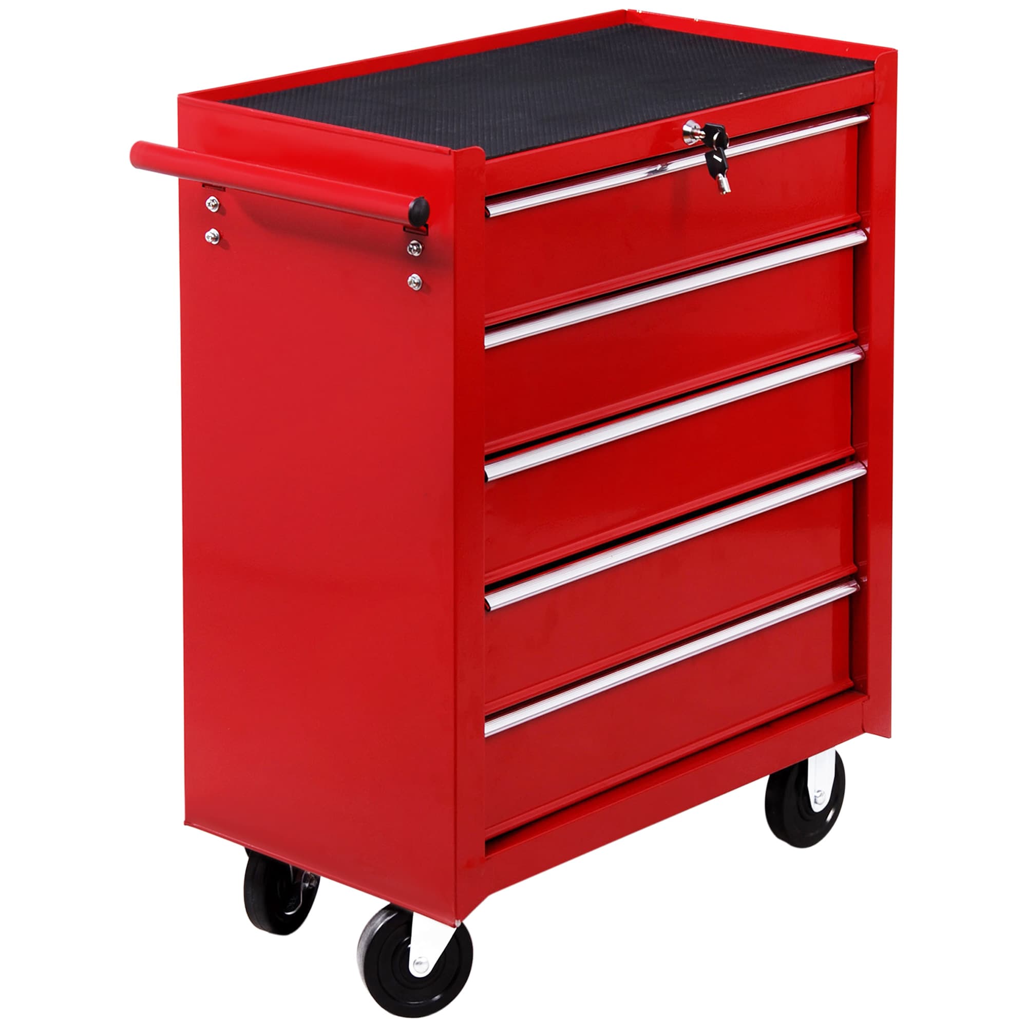 HOMCOM 5 Drawer Tool Box on Wheels, Lockable Steel Tool Cabinet with Side Handle for Workshop, Garage, Red | Aosom UK