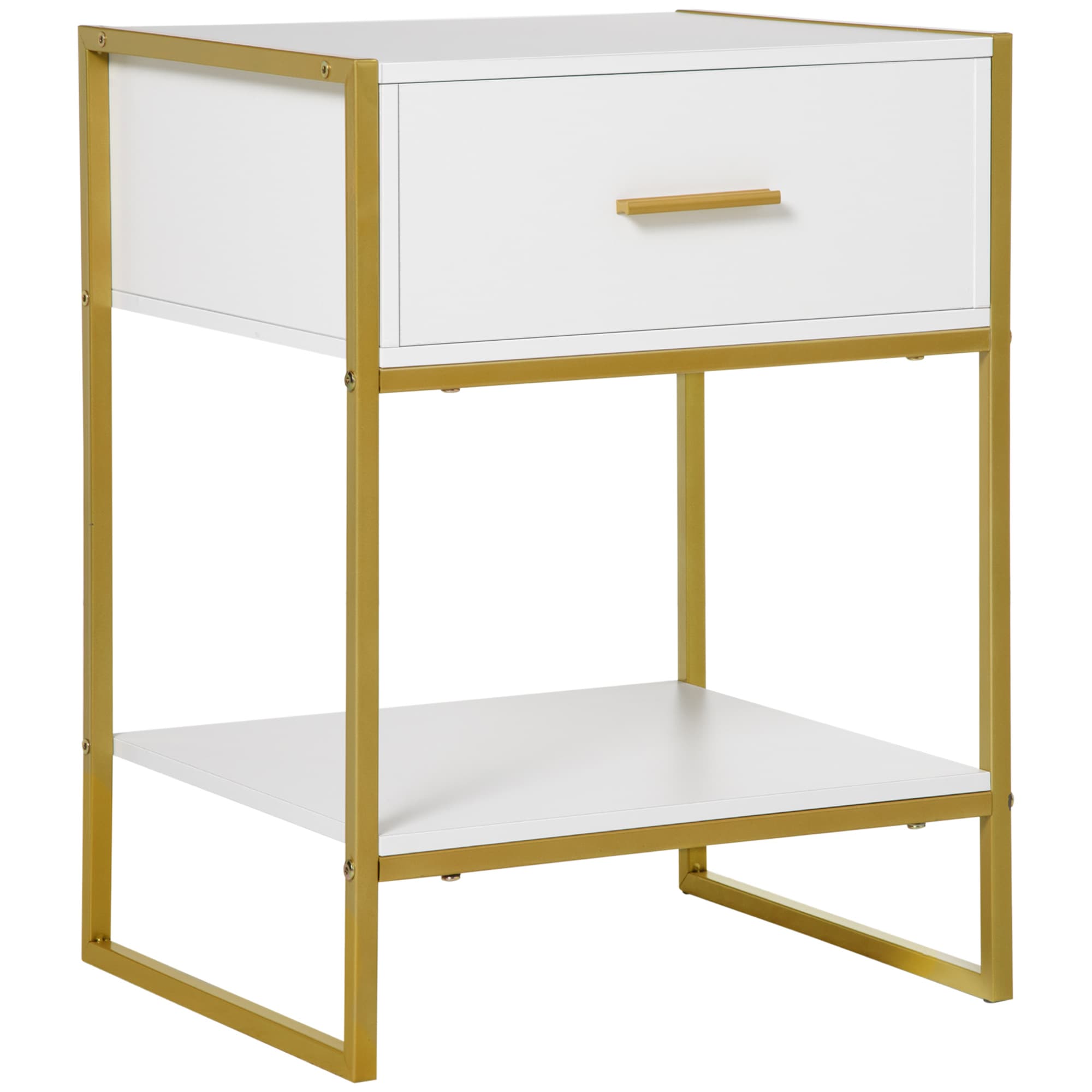 HOMCOM Contemporary Bedside Cabinet with Drawer and Shelf, Chic Storage Organiser for Bedroom or Living Room, White and Gold