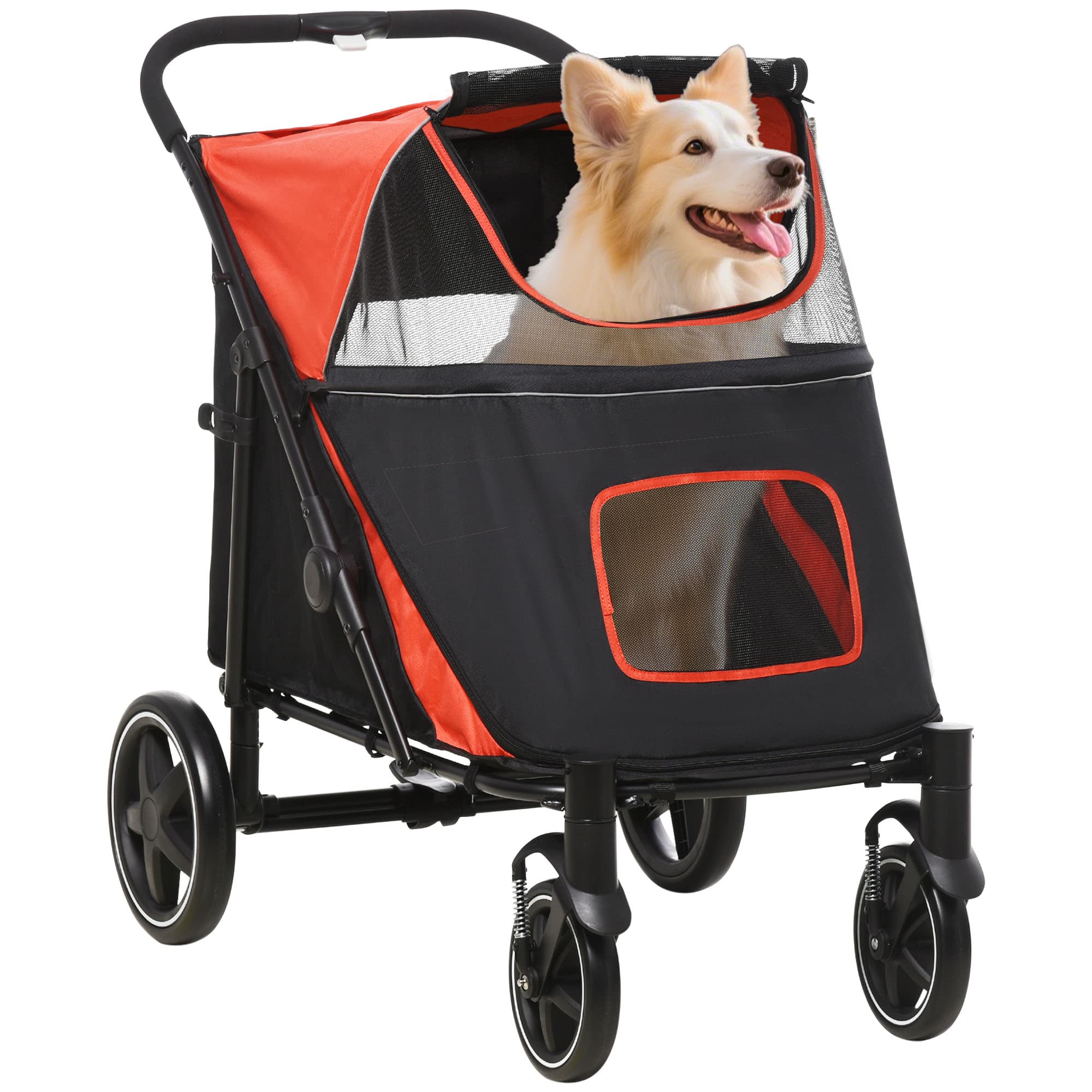PawHut Pet Stroller with Universal Front Wheels, Shock Absorber, One Click Foldable Dog Cat Carriage with Brakes, Storage Bags, Red | Aosom UK